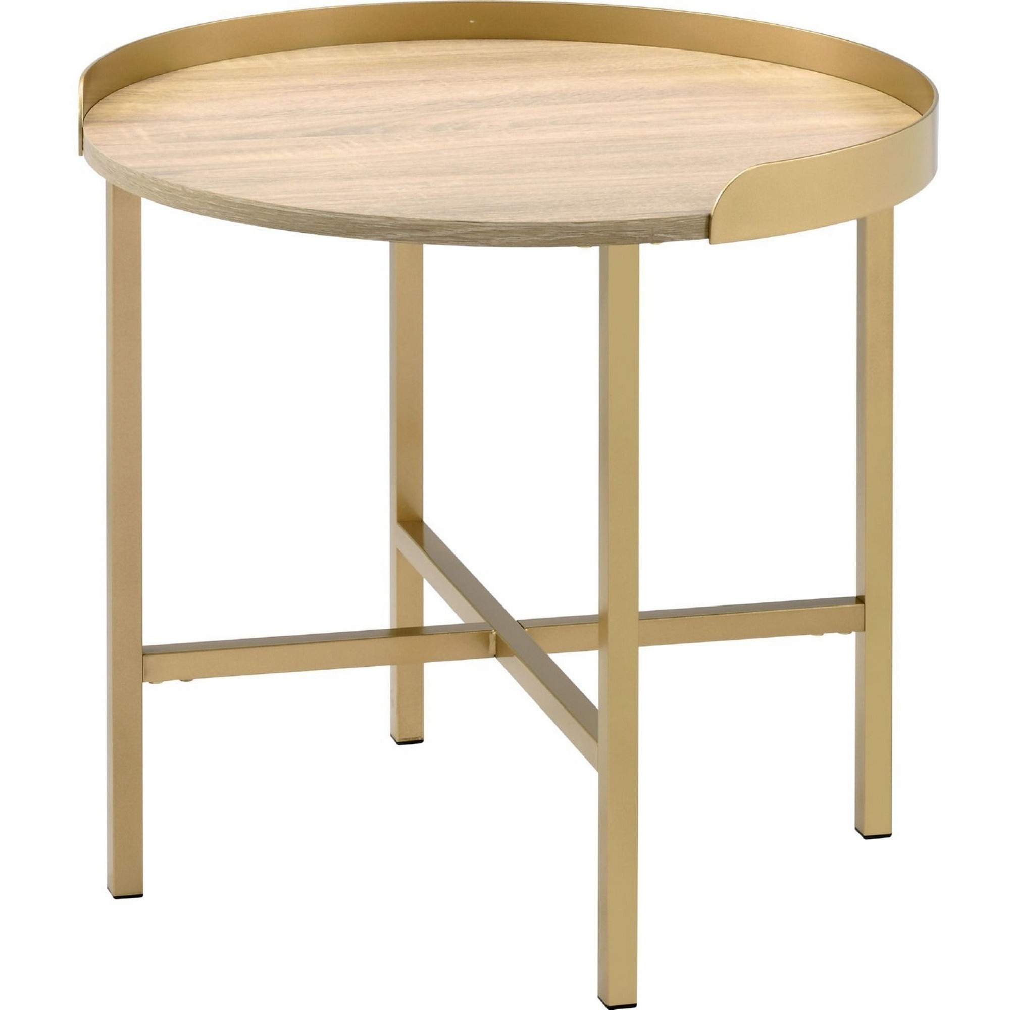 Kai 22 Inch Wood End Table, Round Tray Top, Metal Accent, Brown, Brass