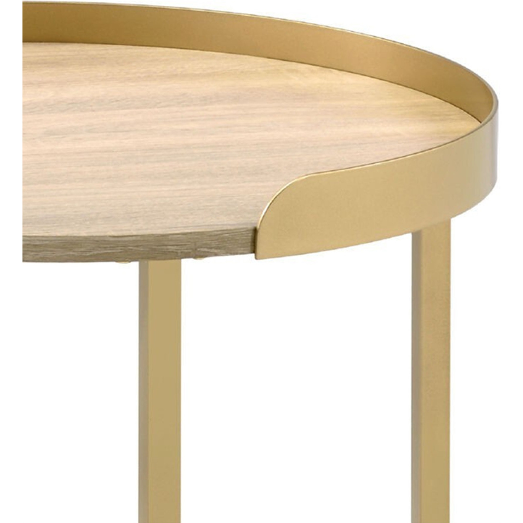 Kai 22 Inch Wood End Table, Round Tray Top, Metal Accent, Brown, Brass