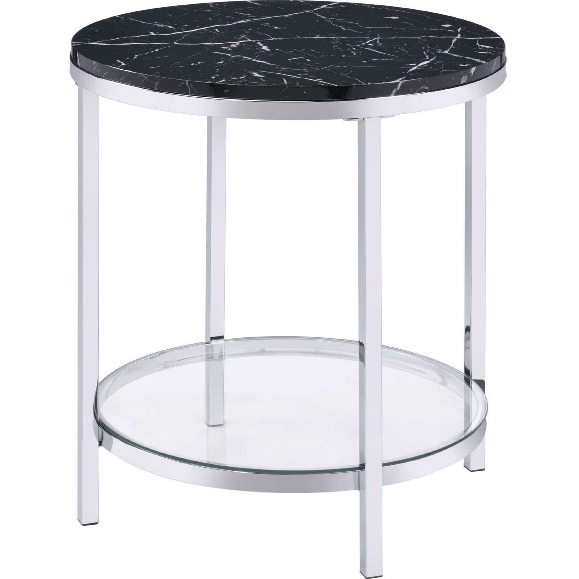 End Table with Round Faux Marble Top and Glass Shelf, Black