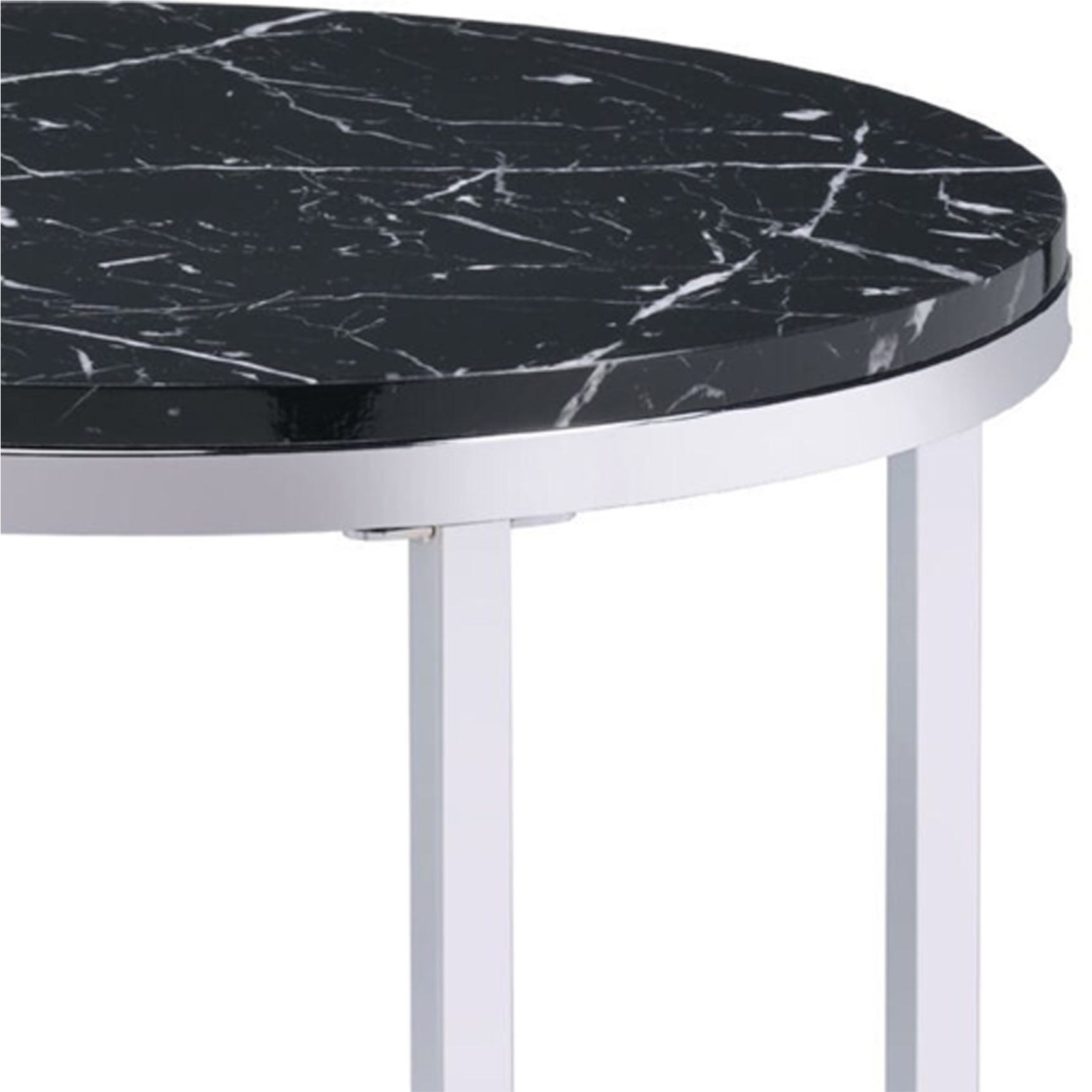 End Table with Round Faux Marble Top and Glass Shelf, Black