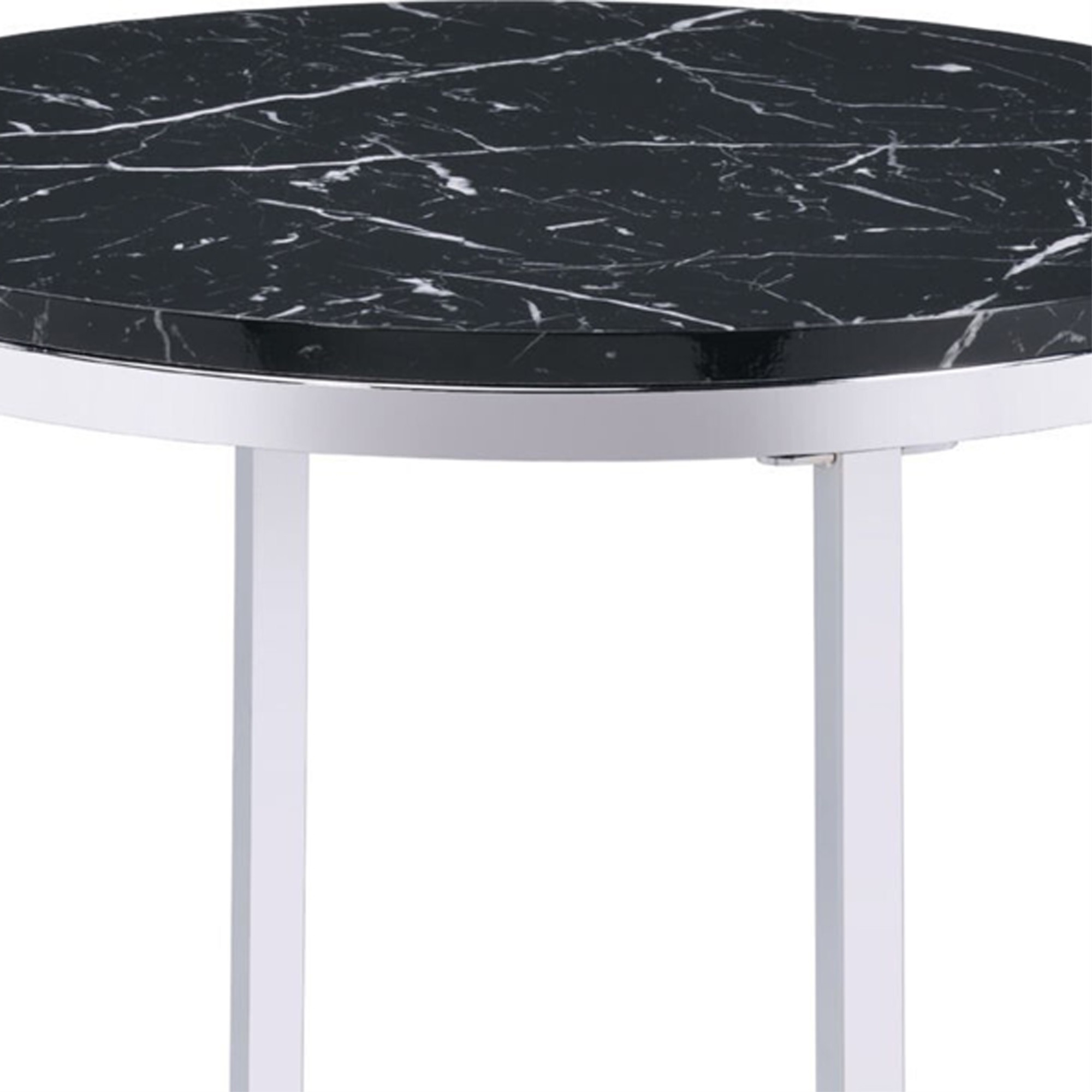 End Table with Round Faux Marble Top and Glass Shelf, Black