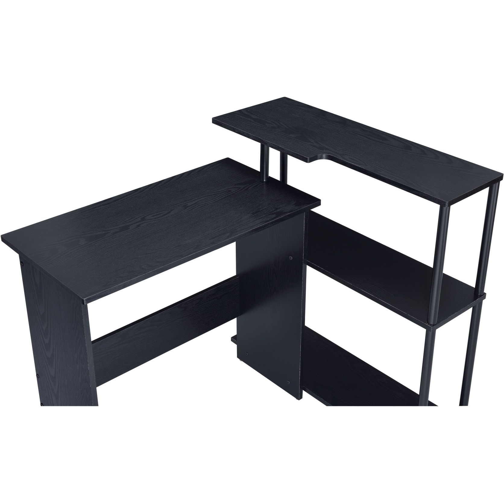 Writing Desk with L Shaped Design and 3 Tier Wooden Shelves, Black