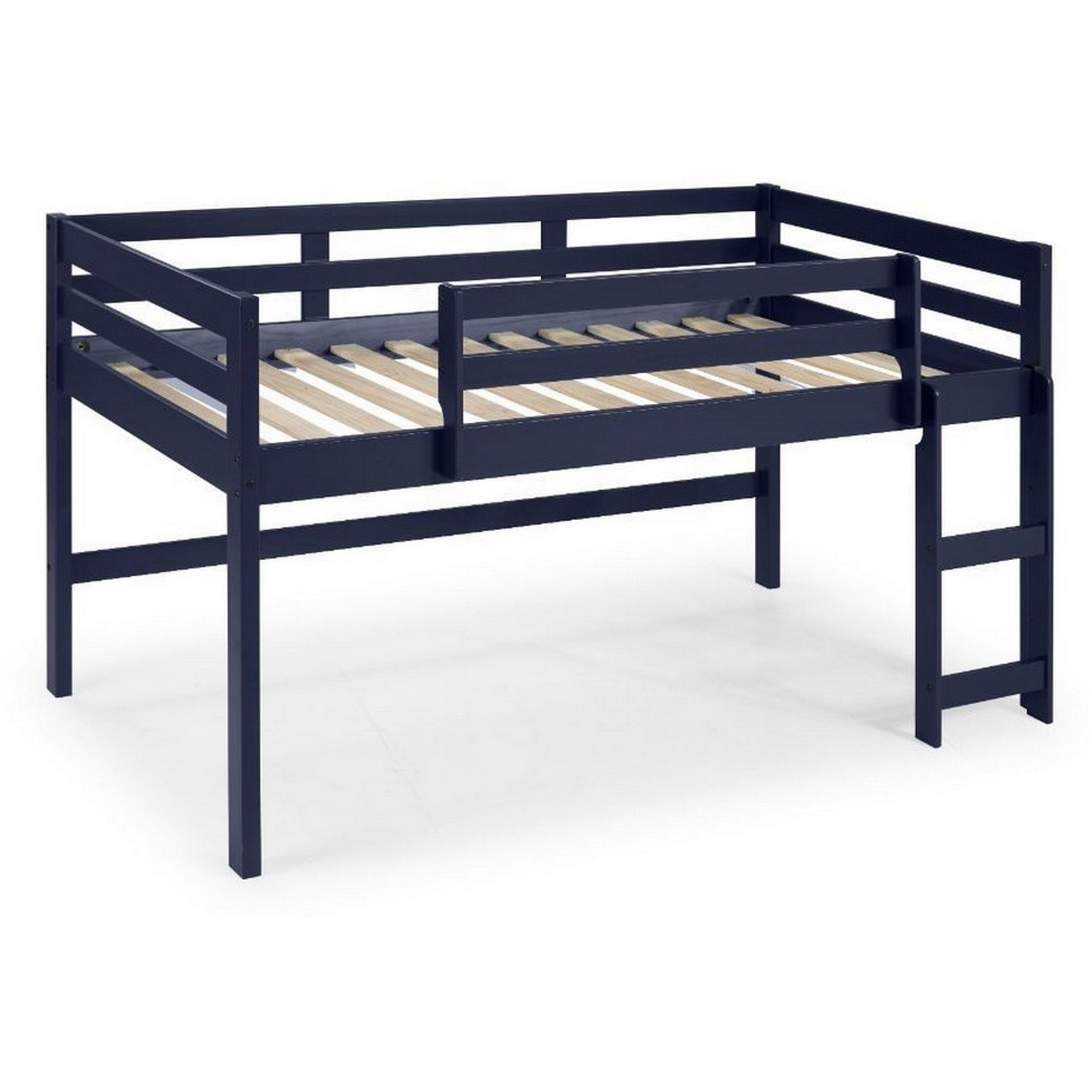 Twin Loft Bed with Wooden Frame and Reversible Ladder, Blue
