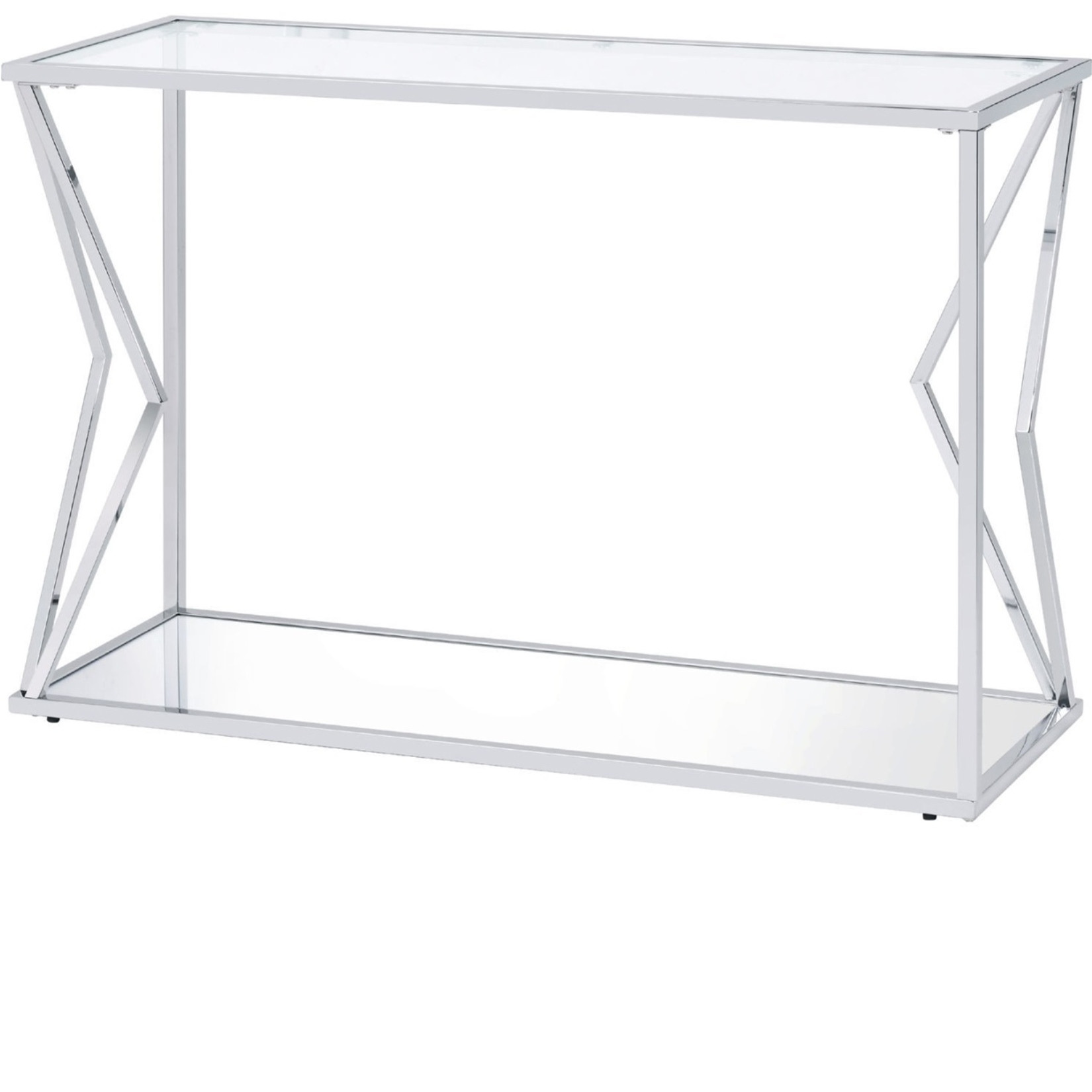Sofa Table with Glass Top and Bottom Shelf and Geometric Accent, Silver