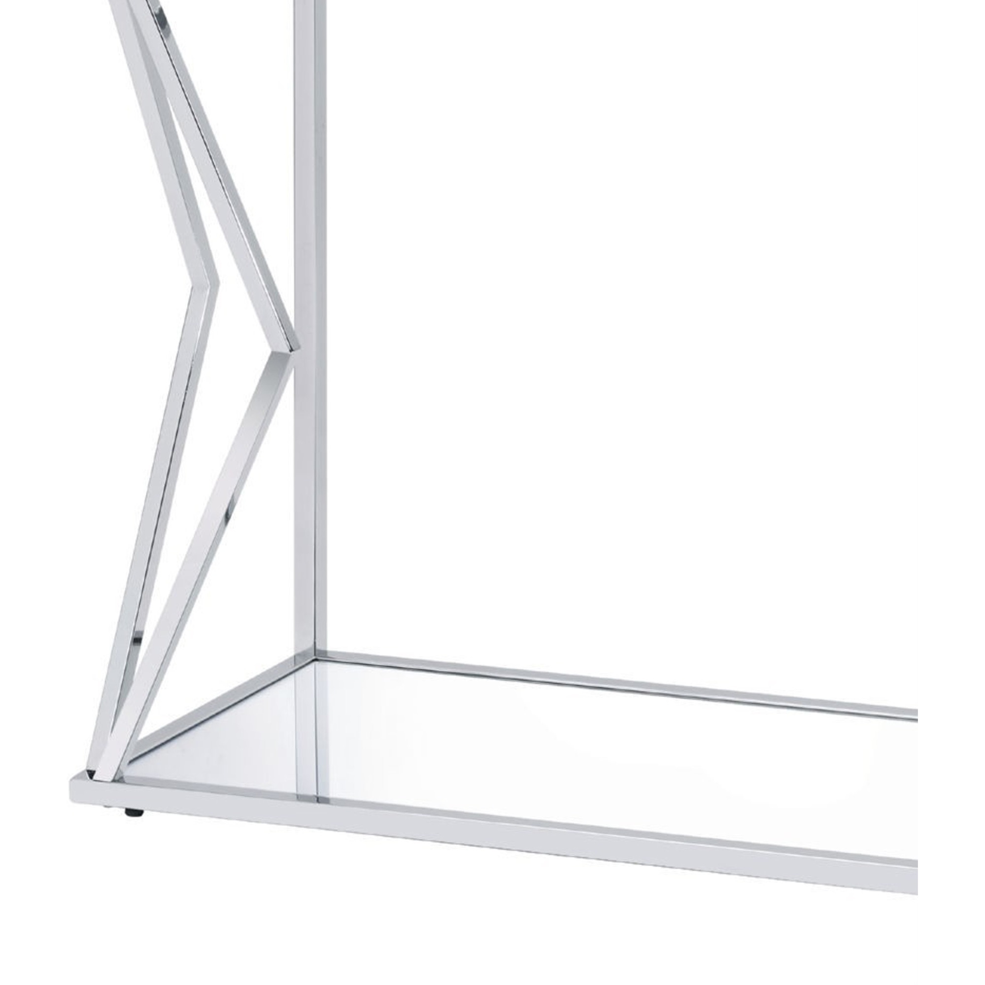 Sofa Table with Glass Top and Bottom Shelf and Geometric Accent, Silver