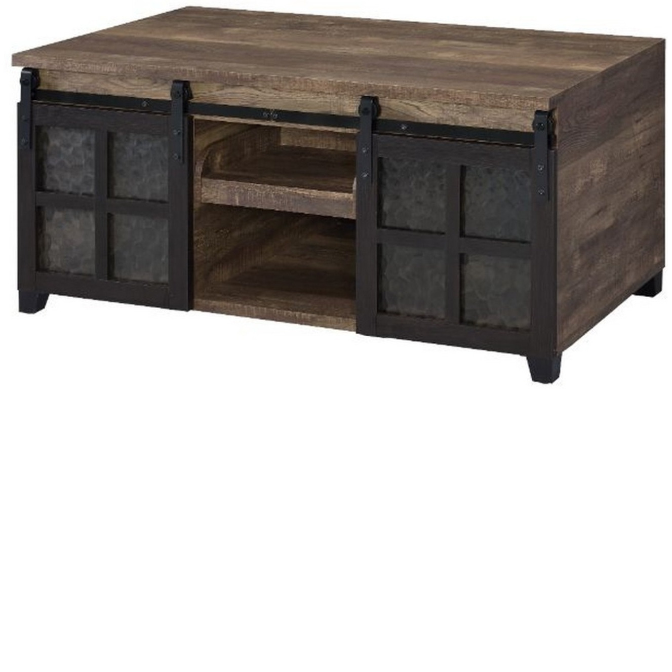 Coffee Table with 2 Barn Sliding Glass Doors and Pull Out Tray, Brown