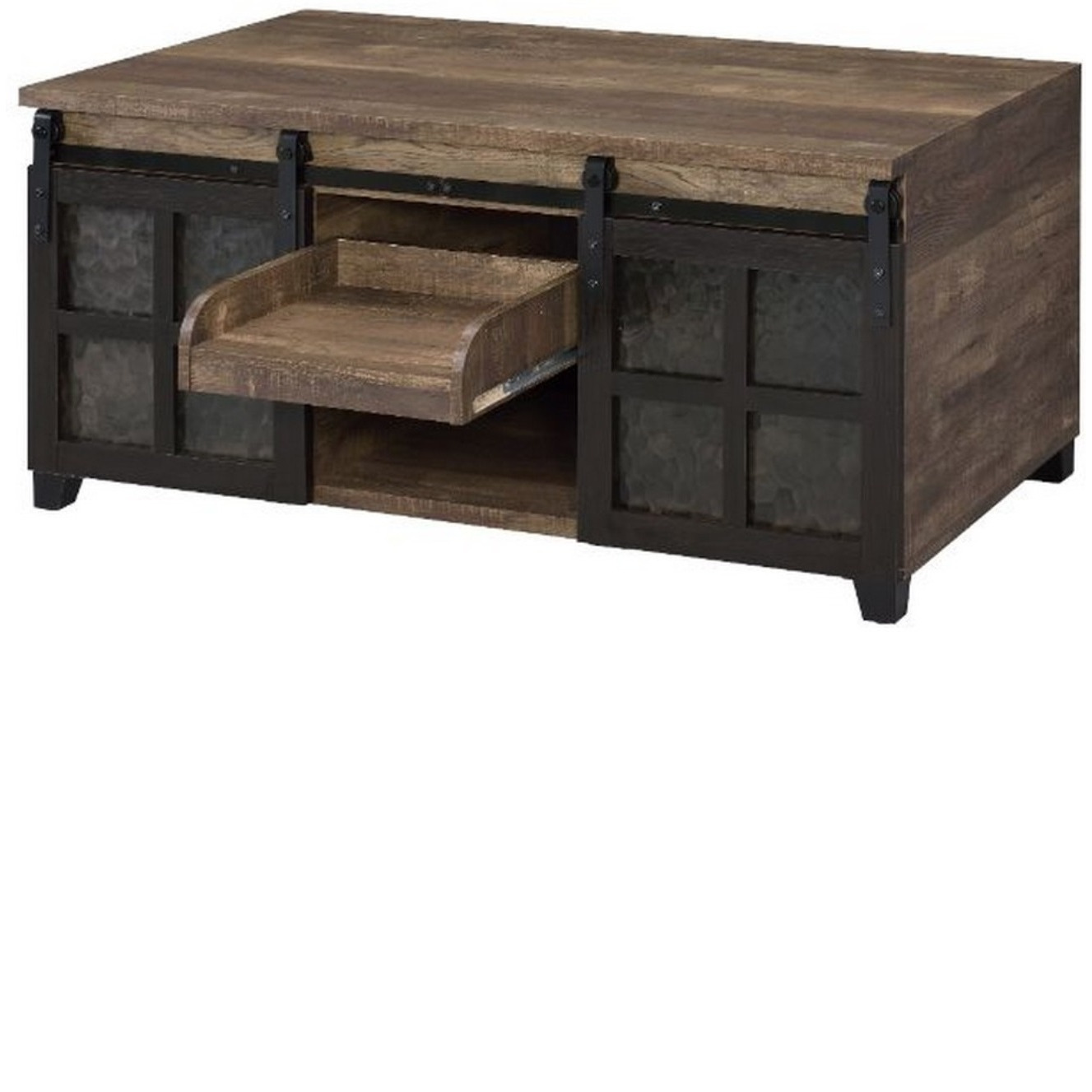 Coffee Table with 2 Barn Sliding Glass Doors and Pull Out Tray, Brown
