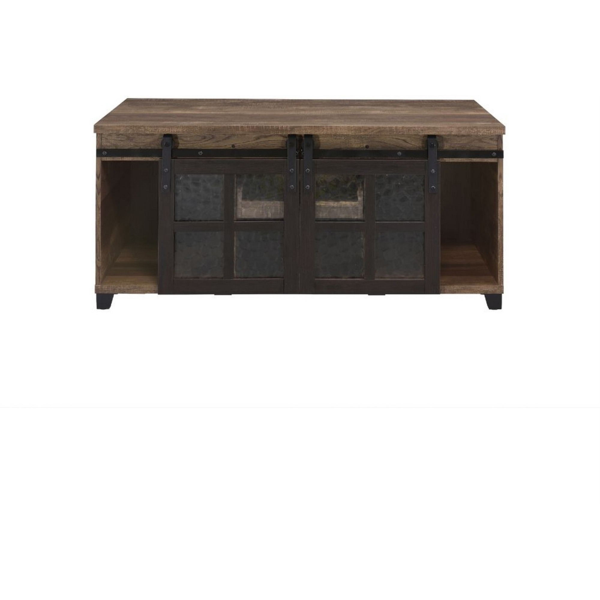 Coffee Table with 2 Barn Sliding Glass Doors and Pull Out Tray, Brown