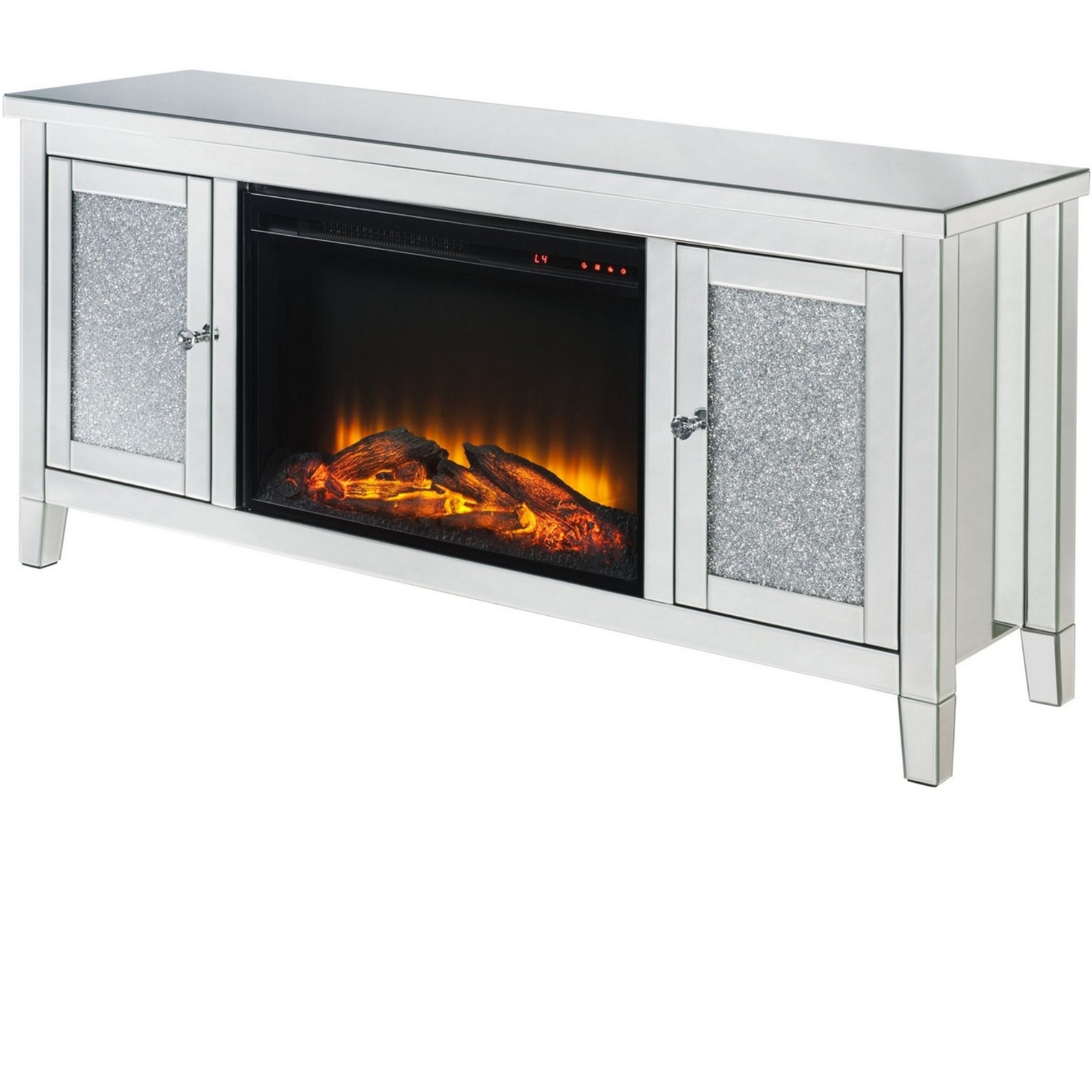 TV Stand with Electric Fireplace and Mirror Panel Framing, Silver
