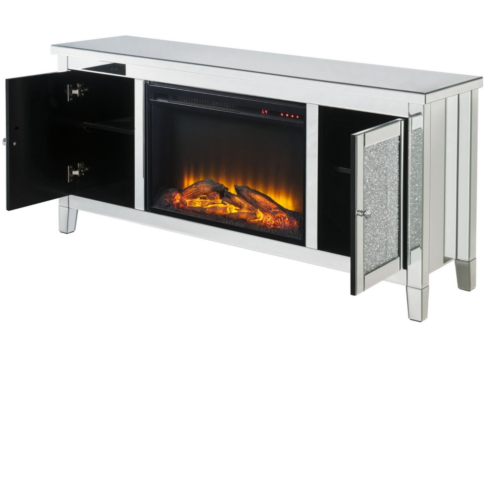 TV Stand with Electric Fireplace and Mirror Panel Framing, Silver