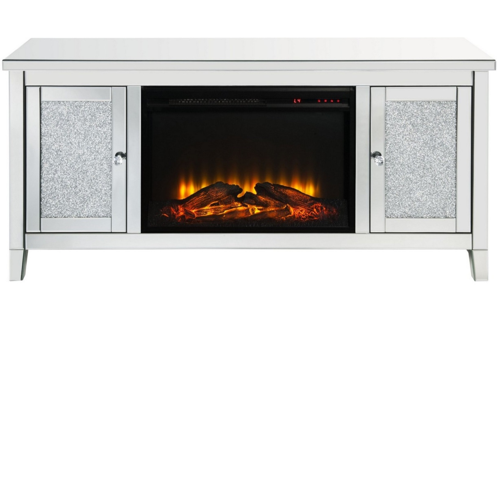 TV Stand with Electric Fireplace and Mirror Panel Framing, Silver