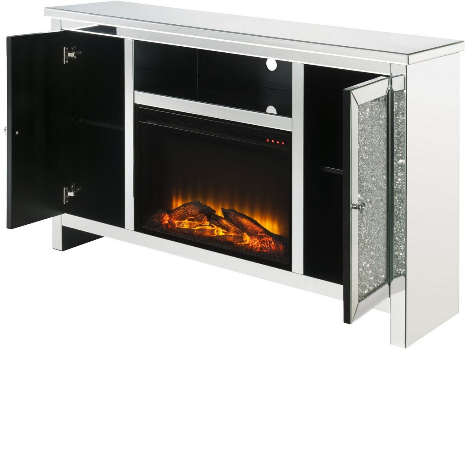 TV Stand with Electric Fireplace and Acrylic Faux Diamond, Silver
