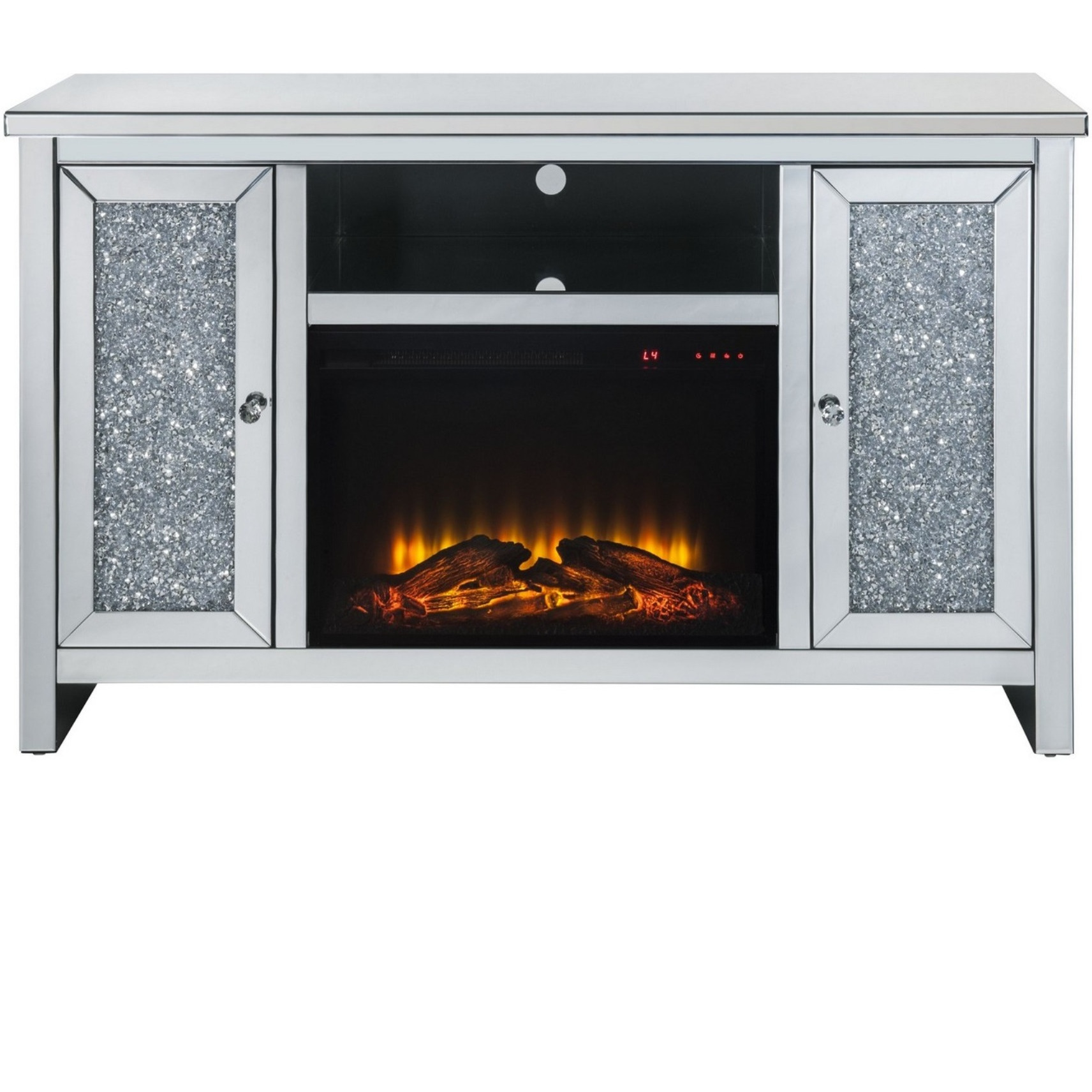 TV Stand with Electric Fireplace and Acrylic Faux Diamond, Silver