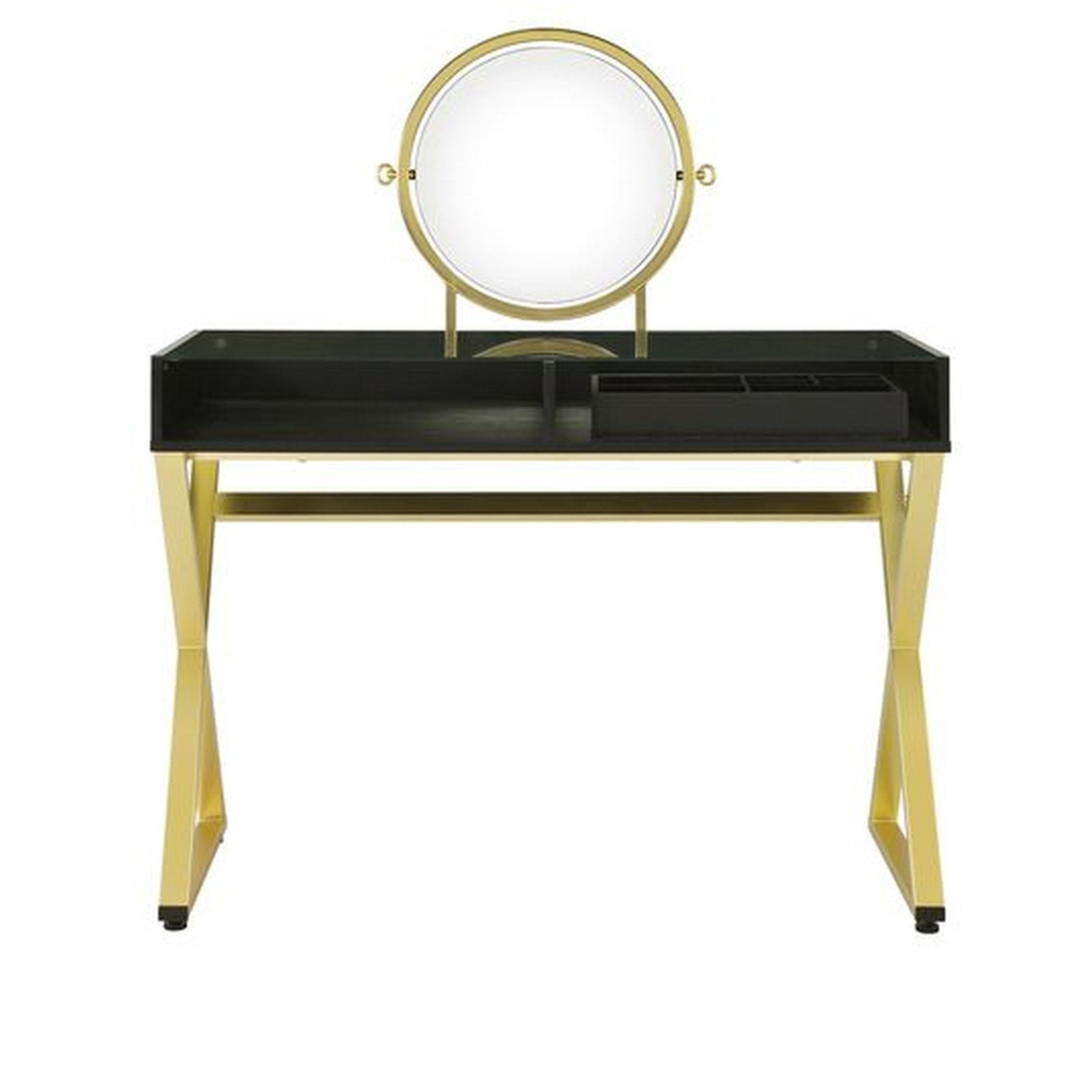 Vanity Desk with Round Mirror and Cross Metal Legs, Black and Gold