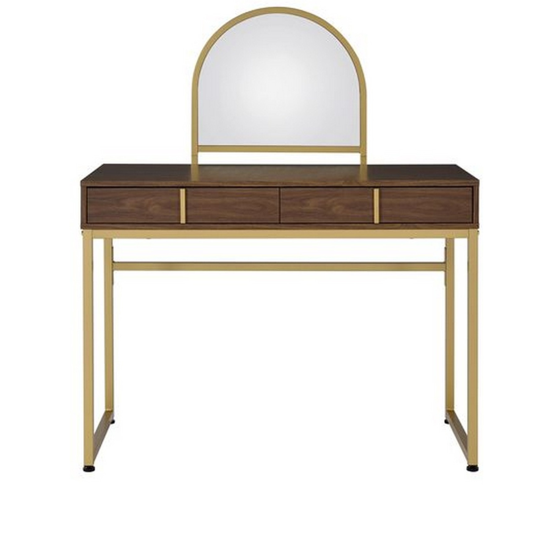 Vanity Desk with Mirror and Open Metal Frame, Brown and Gold