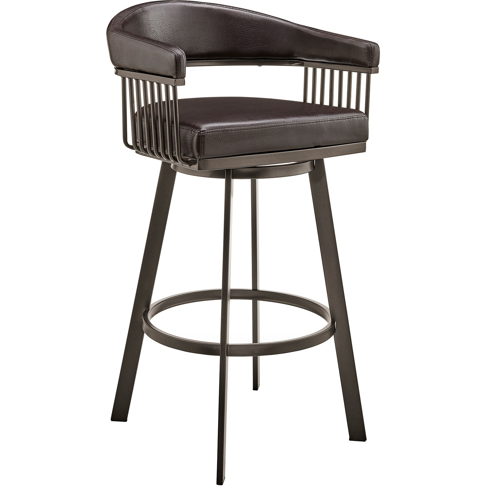 Swivel Barstool with Open Metal Frame and Slatted Arms, Brown