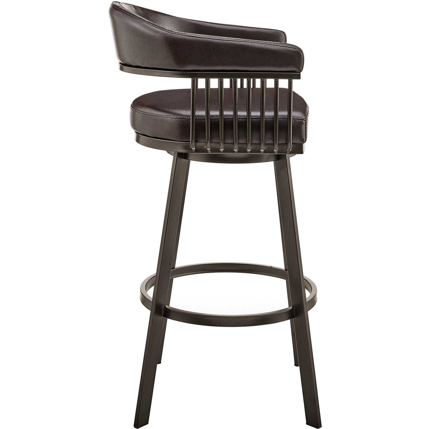 Swivel Barstool with Open Metal Frame and Slatted Arms, Brown