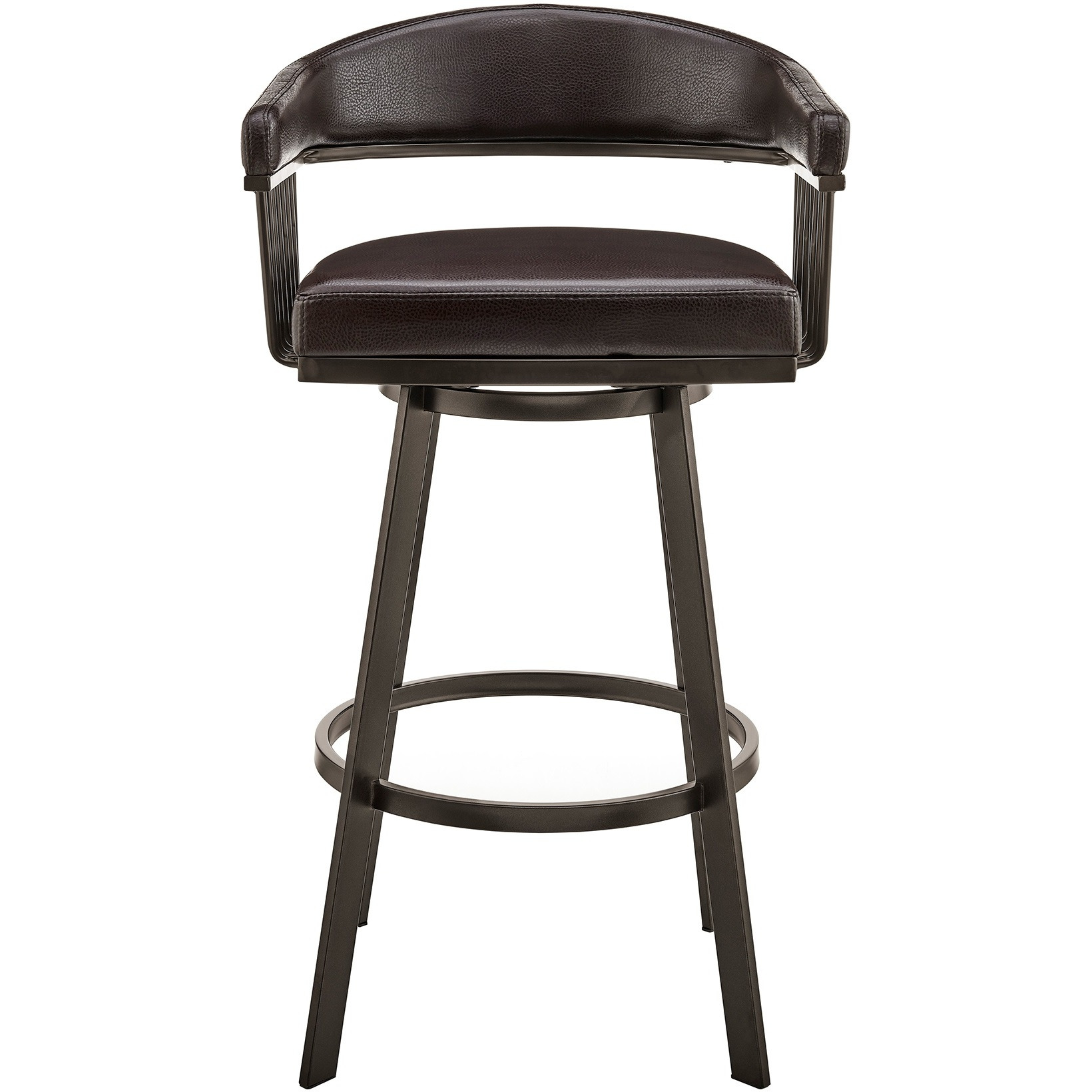 Swivel Barstool with Open Metal Frame and Slatted Arms, Brown