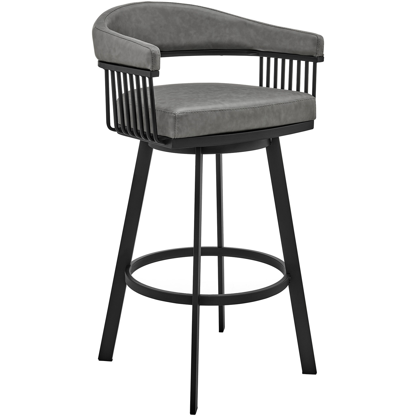 Swivel Barstool with Open Design Metal Frame and Slatted Arms, Gray and Black