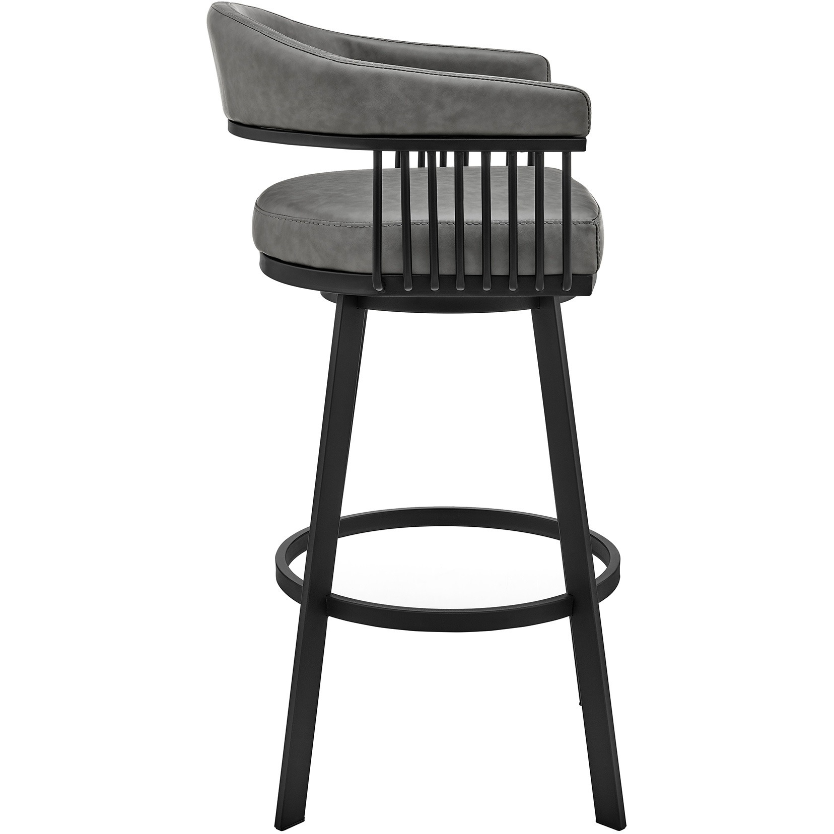 Swivel Barstool with Open Design Metal Frame and Slatted Arms, Gray and Black