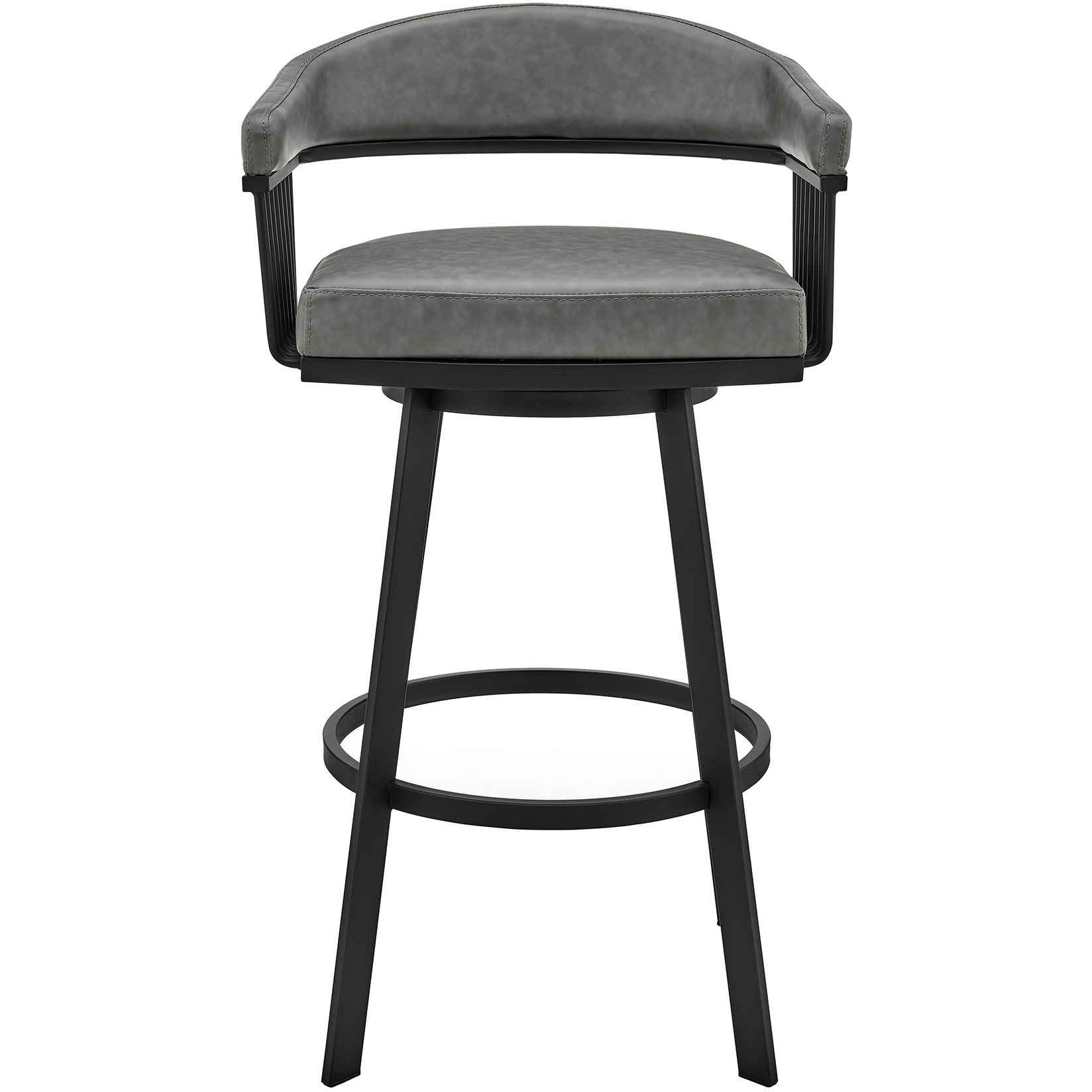 Swivel Barstool with Open Design Metal Frame and Slatted Arms, Gray and Black
