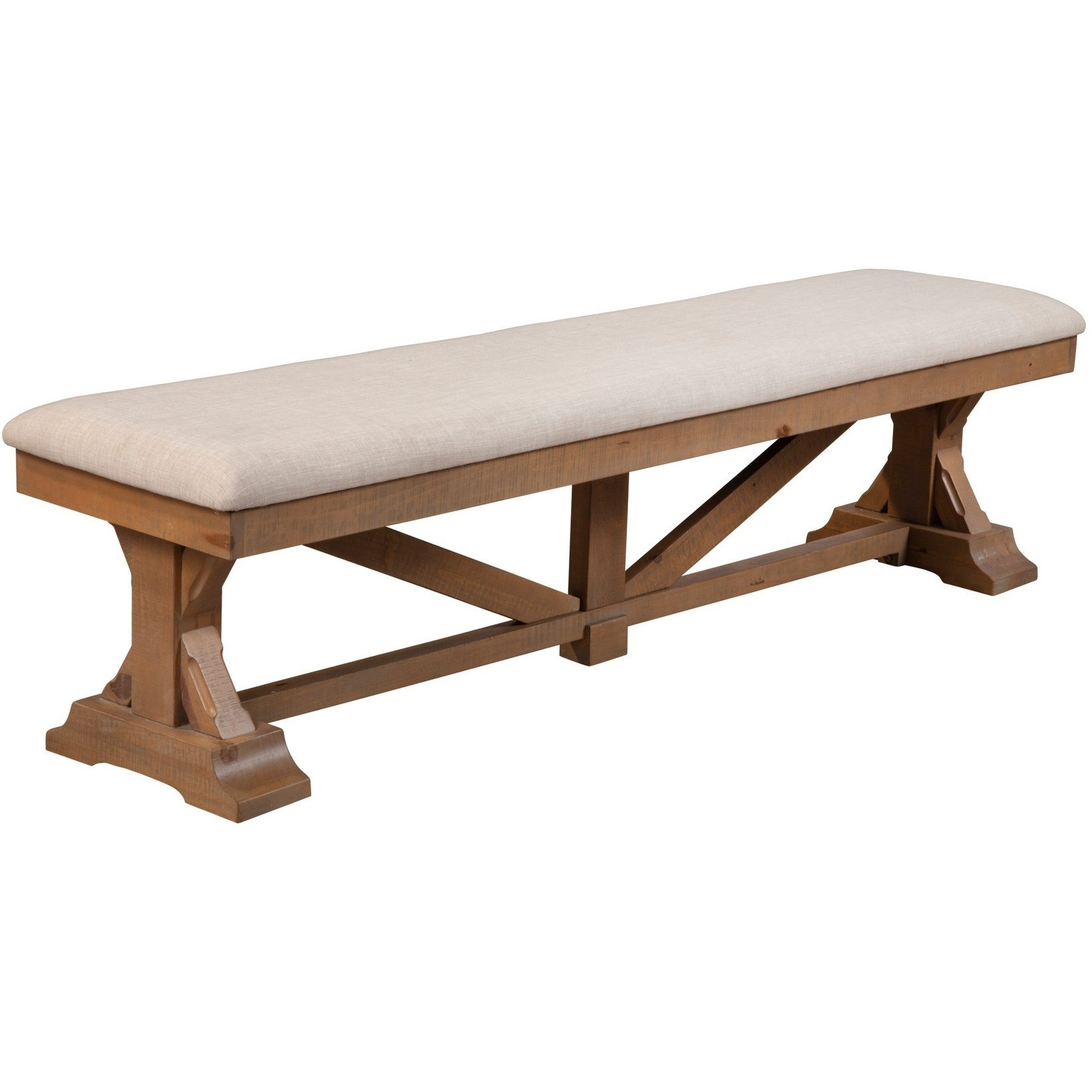 Tess 69 Inch Dining Accent Bench, Beige Fabric Cushion, Pine Wood, Brown