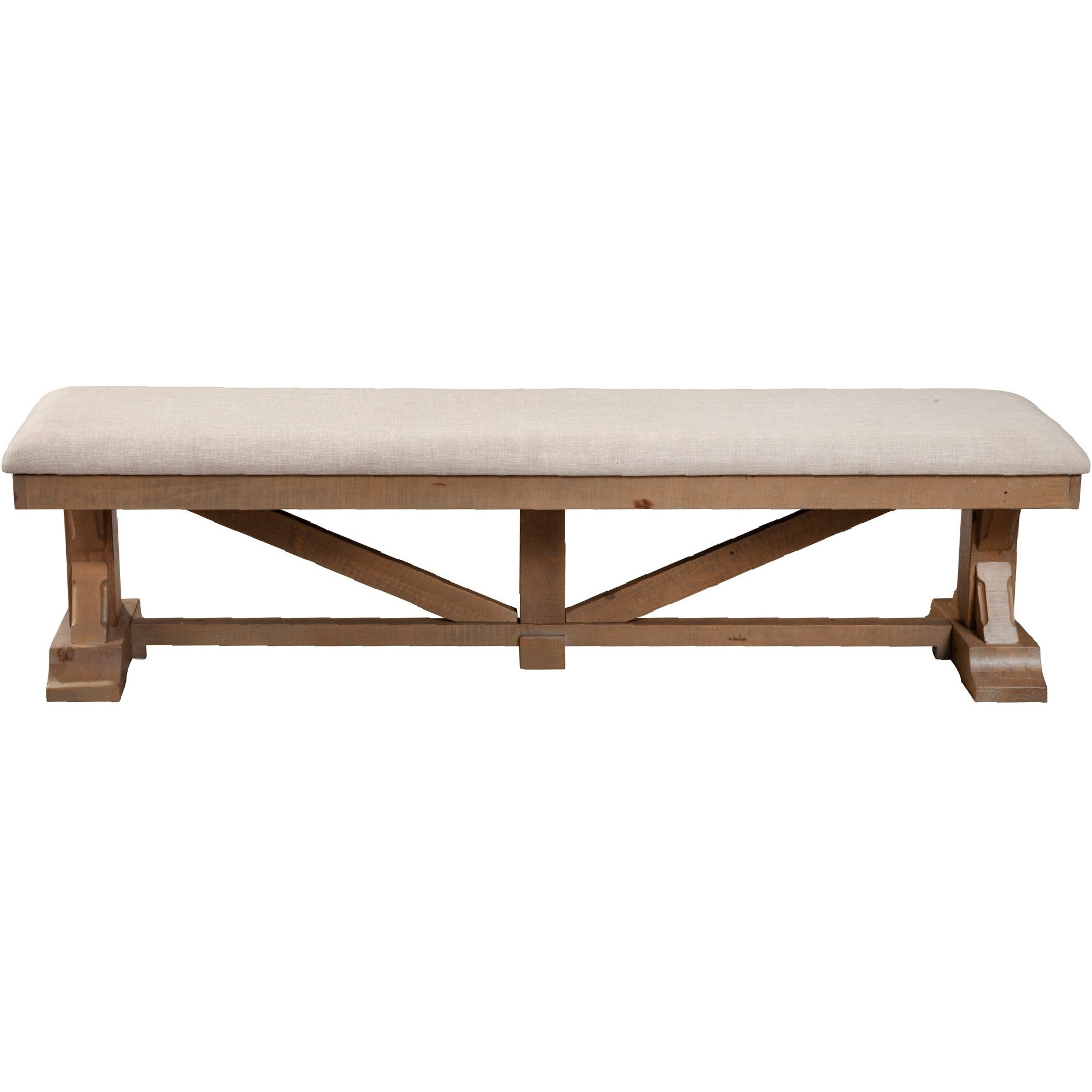 Tess 69 Inch Dining Accent Bench, Beige Fabric Cushion, Pine Wood, Brown