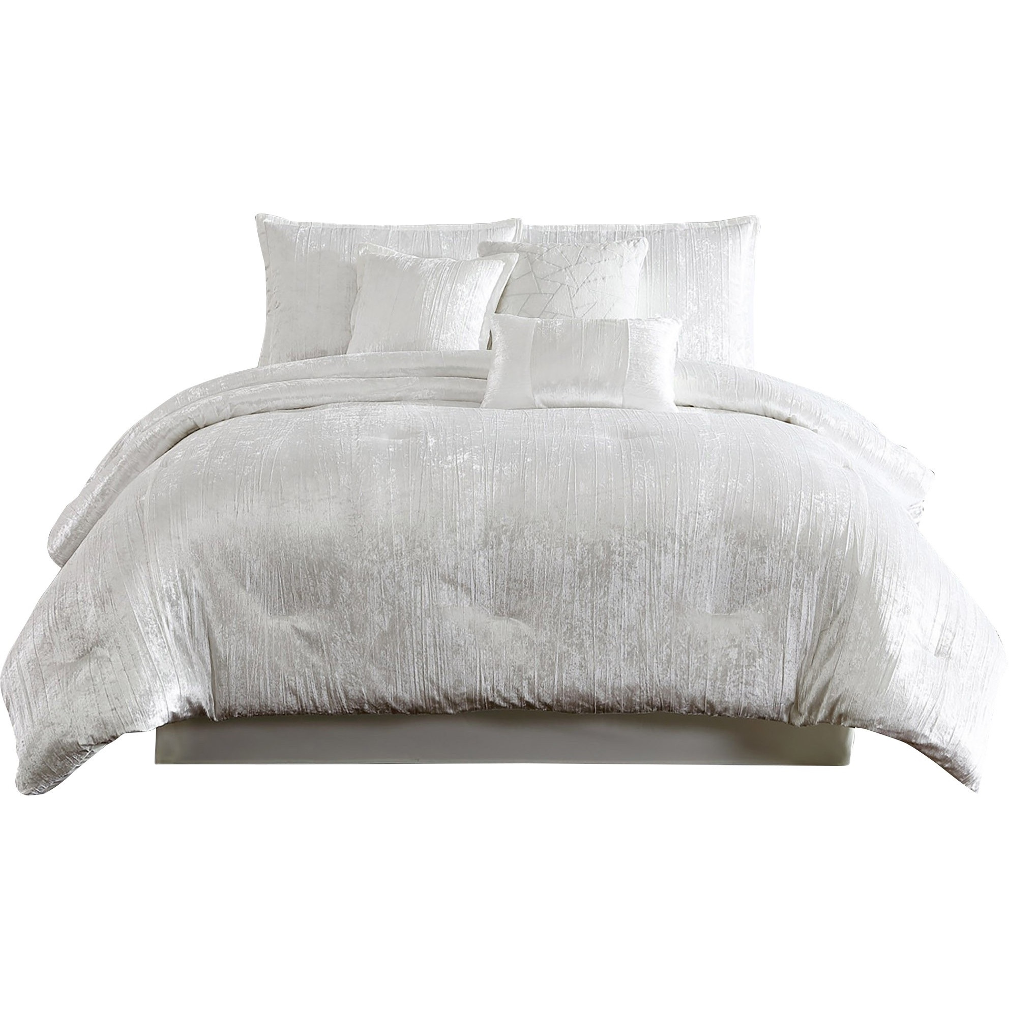 Jay 7 Piece Queen Comforter Set, White Polyester Velvet Deluxe Texture