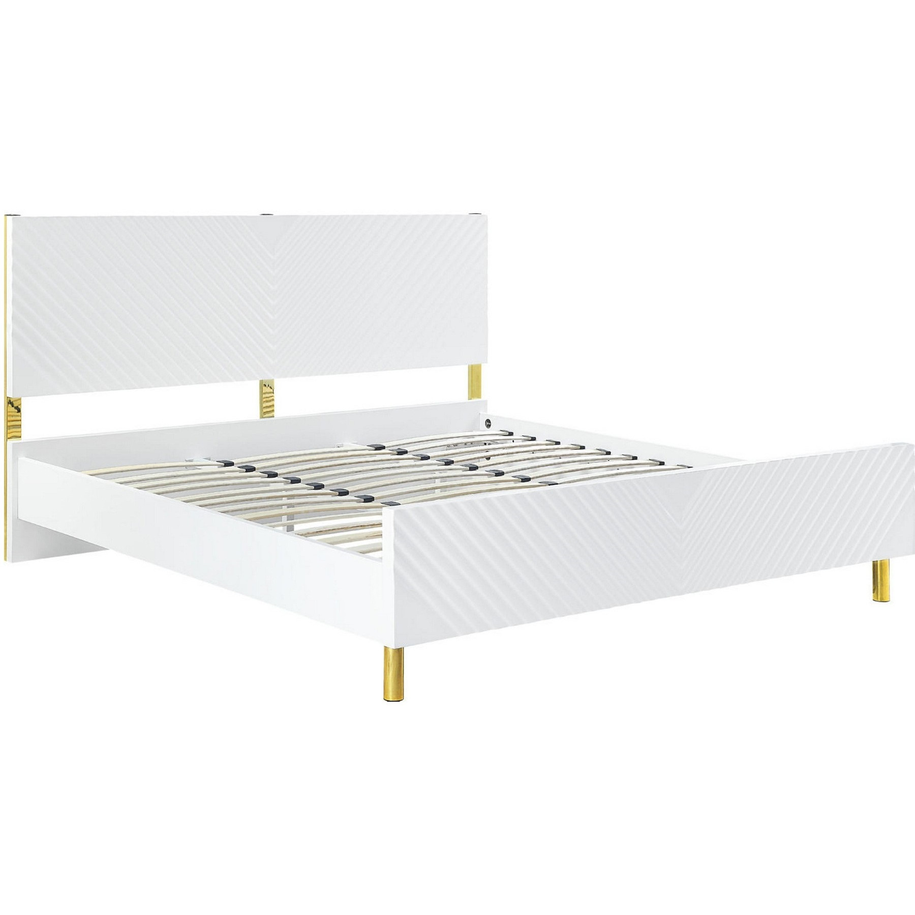 Tyra Modern Queen Bed, Panel Headboard, Luxury Textured Chevron, White Gold