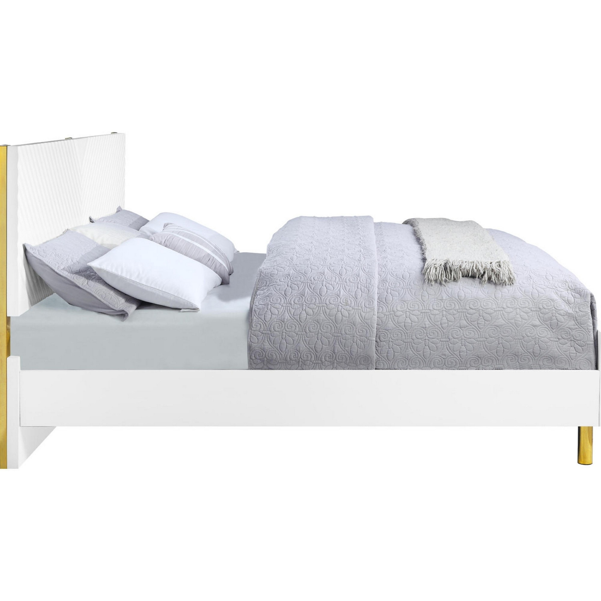 Tyra Modern Queen Bed, Panel Headboard, Luxury Textured Chevron, White Gold