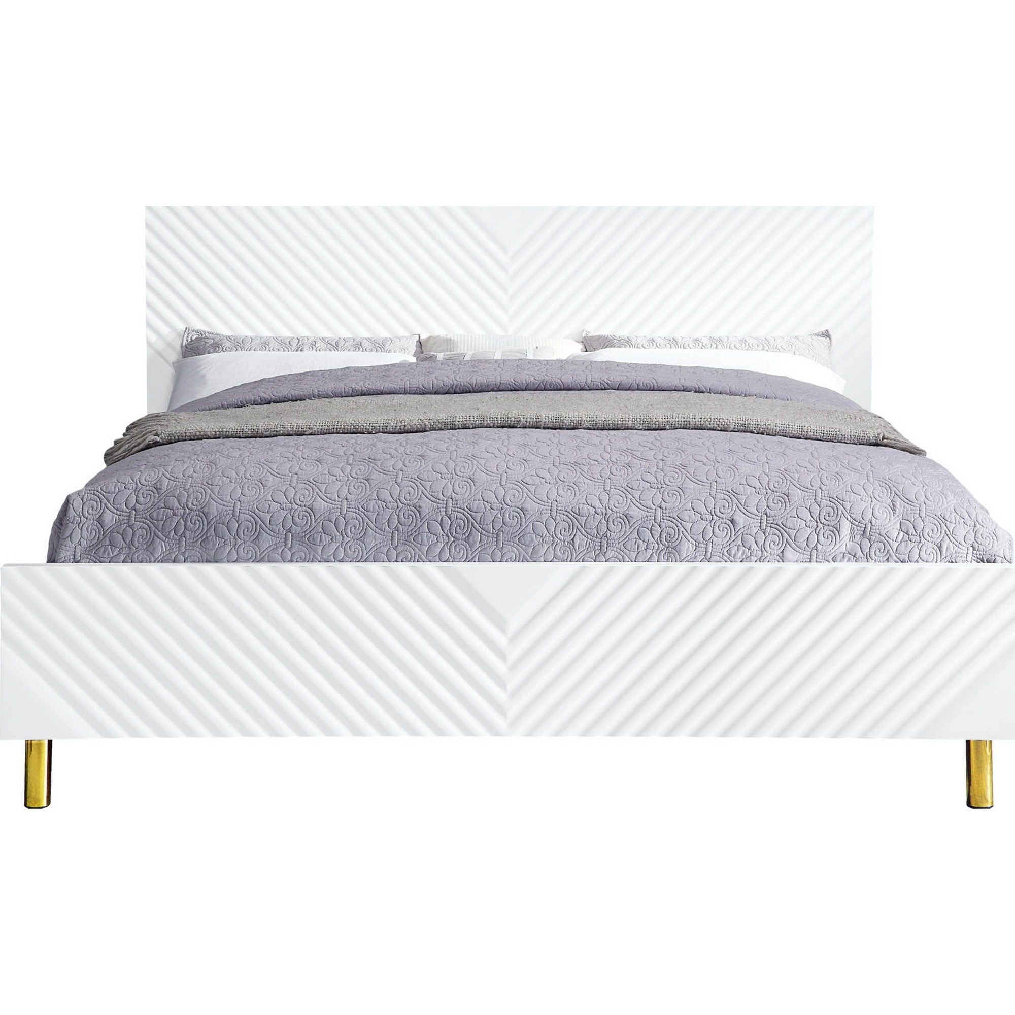 Tyra Modern Queen Bed, Panel Headboard, Luxury Textured Chevron, White Gold