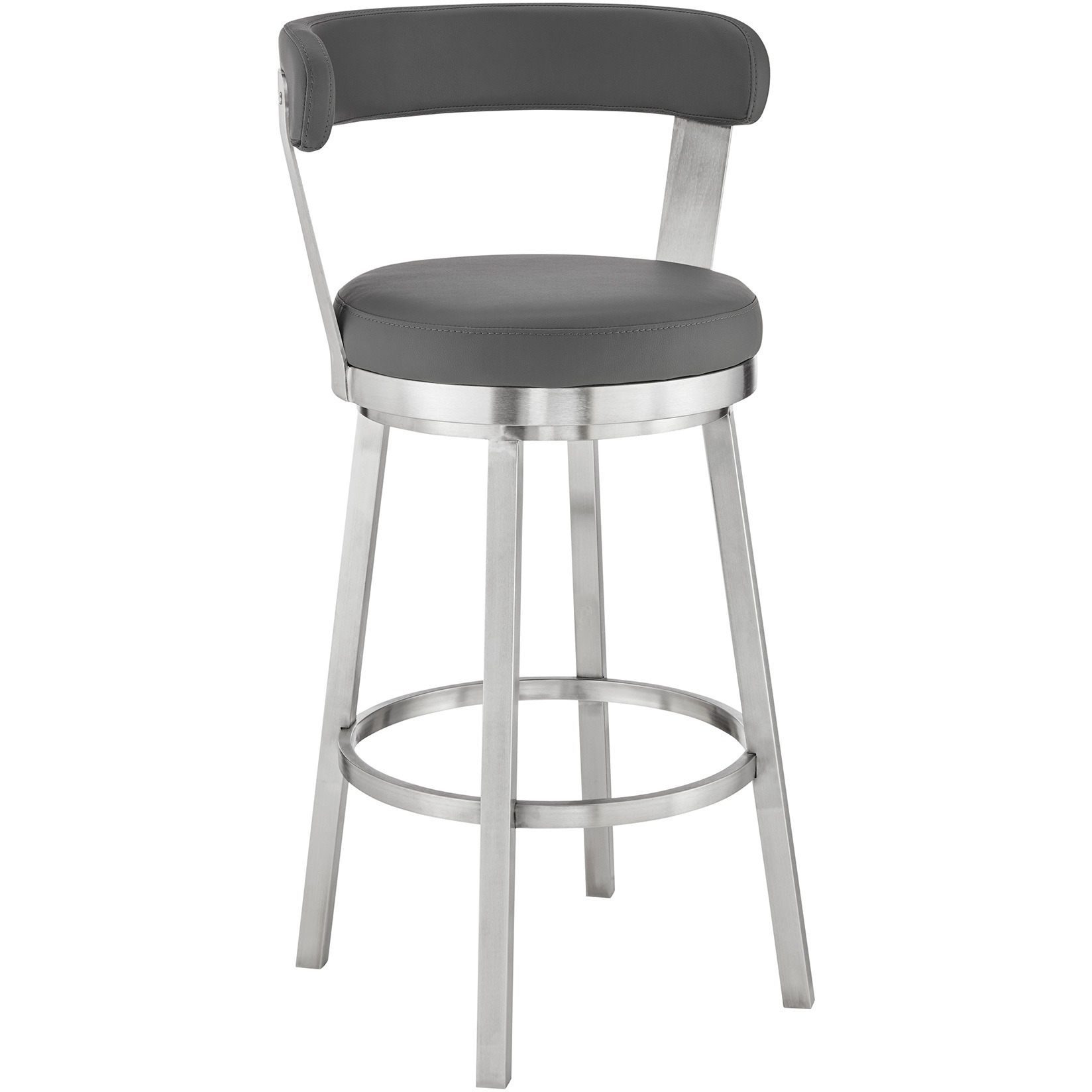 Bryant 26" Counter Height Swivel Bar Stool in Brushed Stainless Steel Finish and Gray Faux Leather