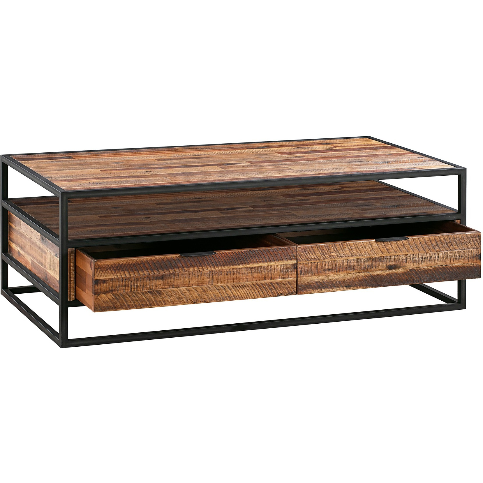 Ludgate Rectangle Coffee Table with Shelf in Acacia and Black Metal