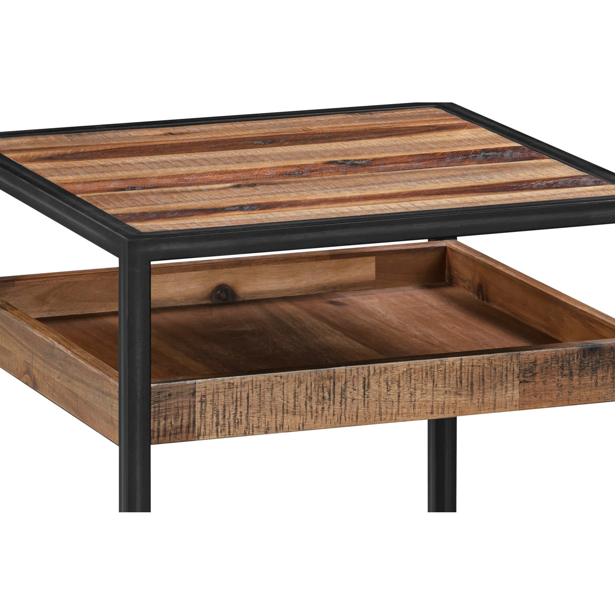 Ludgate Square End Table with Shelf in Acacia and Black Metal