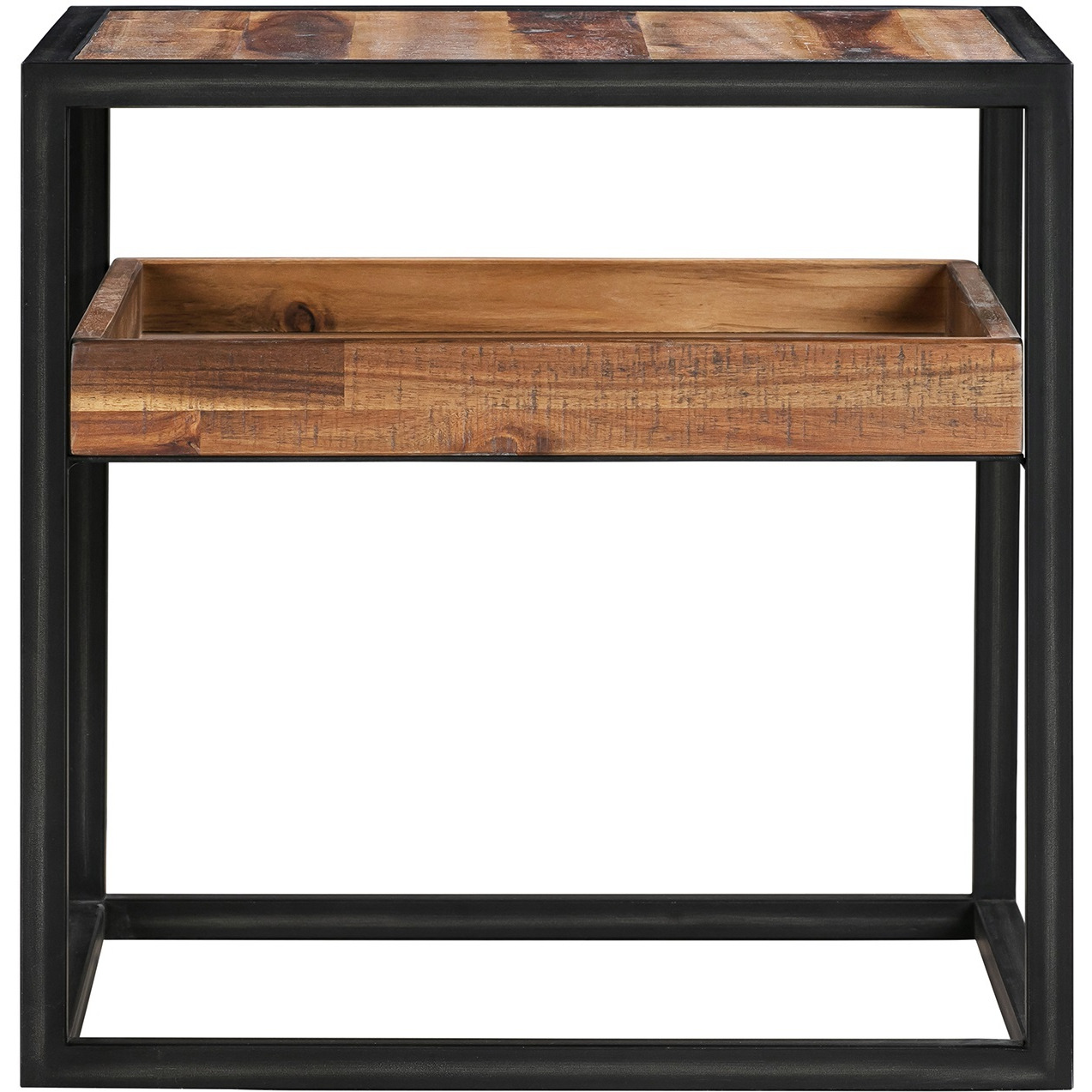 Ludgate Square End Table with Shelf in Acacia and Black Metal