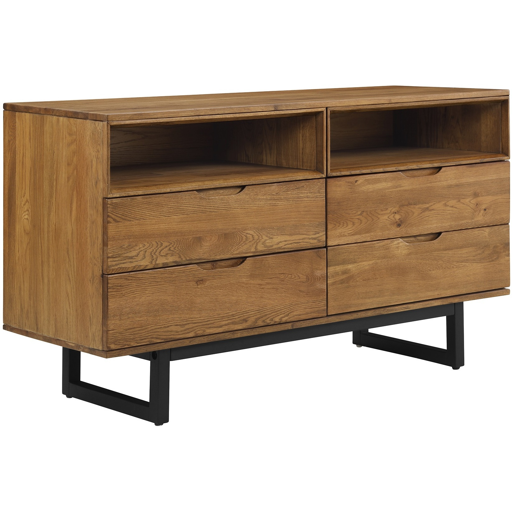 Aldo 4 Drawer Dresser in Brown Oak Wood with Black Metal Legs