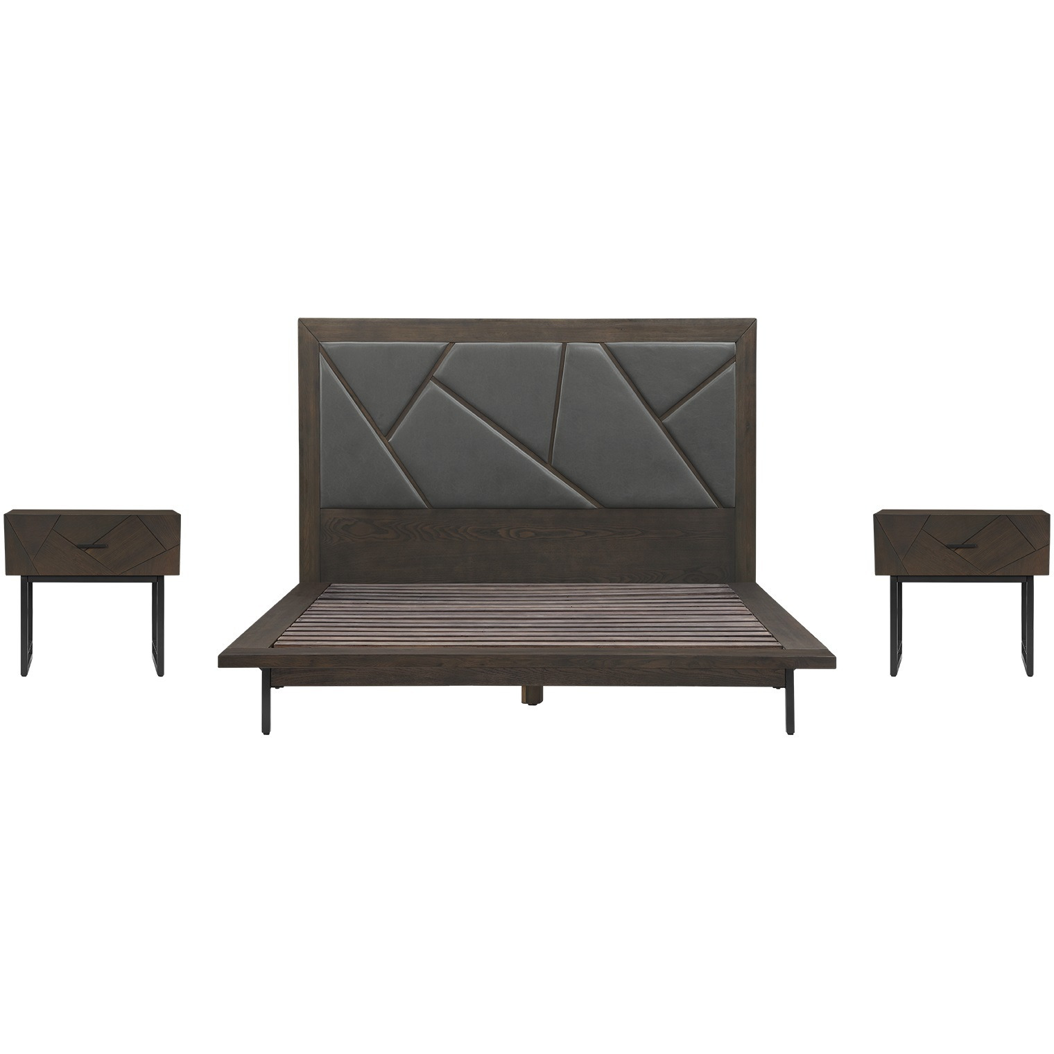 Marquis 3 Piece Queen Size Platform Bed Frame Bedroom Set in Oak Wood with Faux Leather Headboard