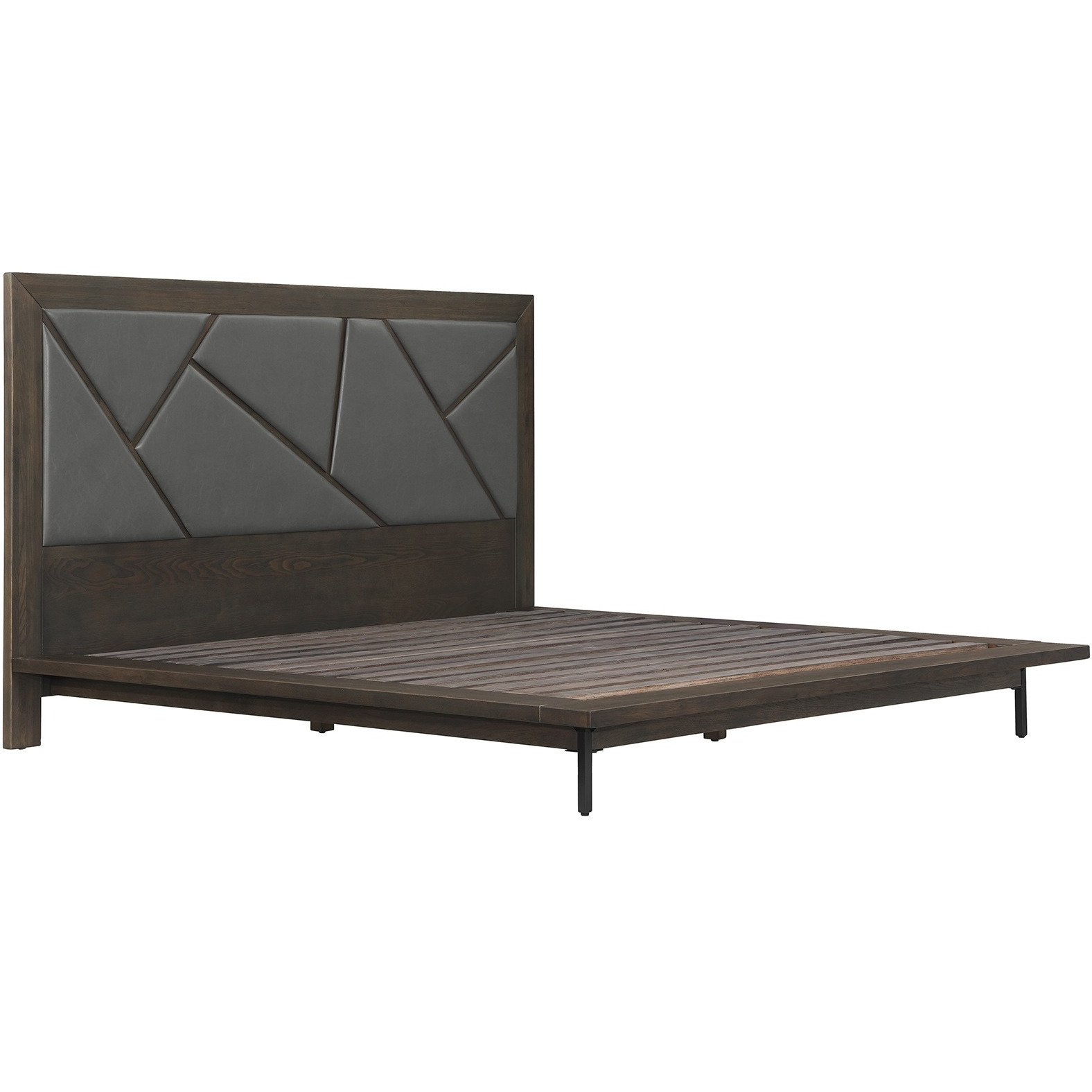 Marquis 3 Piece Queen Size Platform Bed Frame Bedroom Set in Oak Wood with Faux Leather Headboard