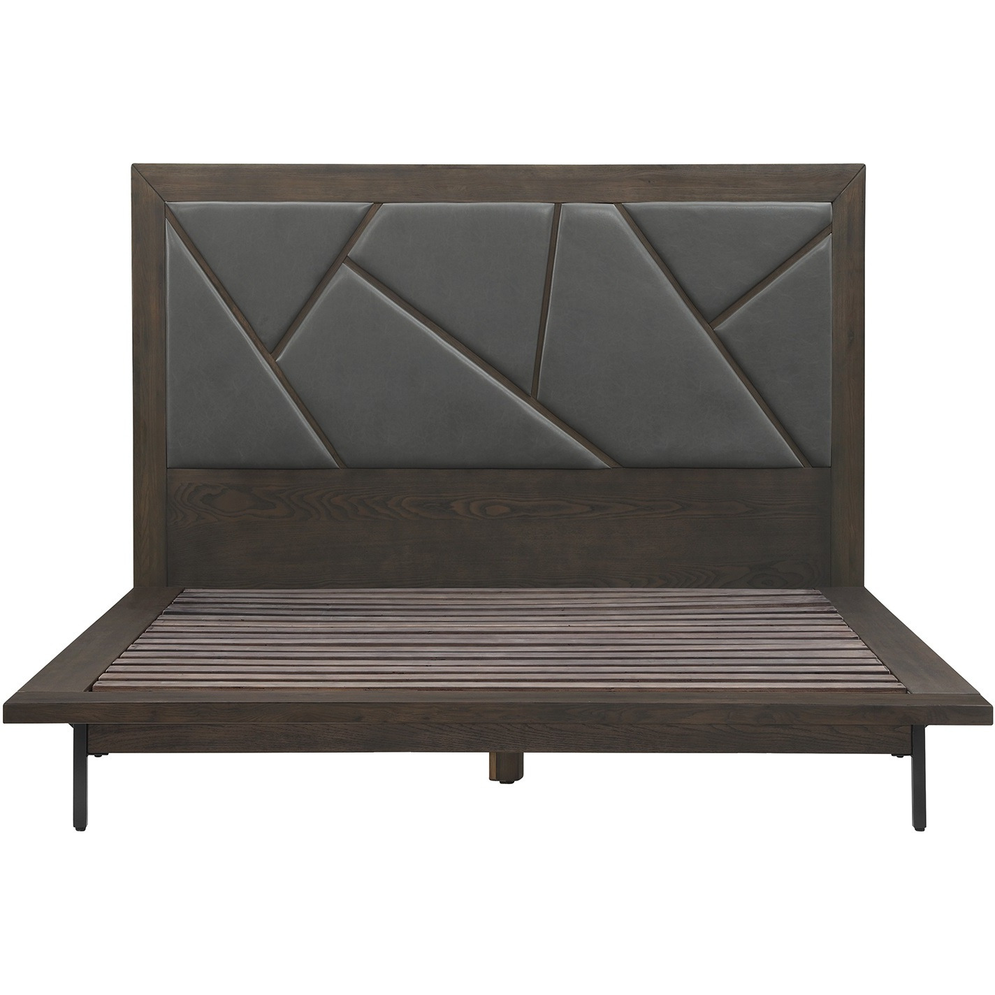 Marquis 3 Piece Queen Size Platform Bed Frame Bedroom Set in Oak Wood with Faux Leather Headboard