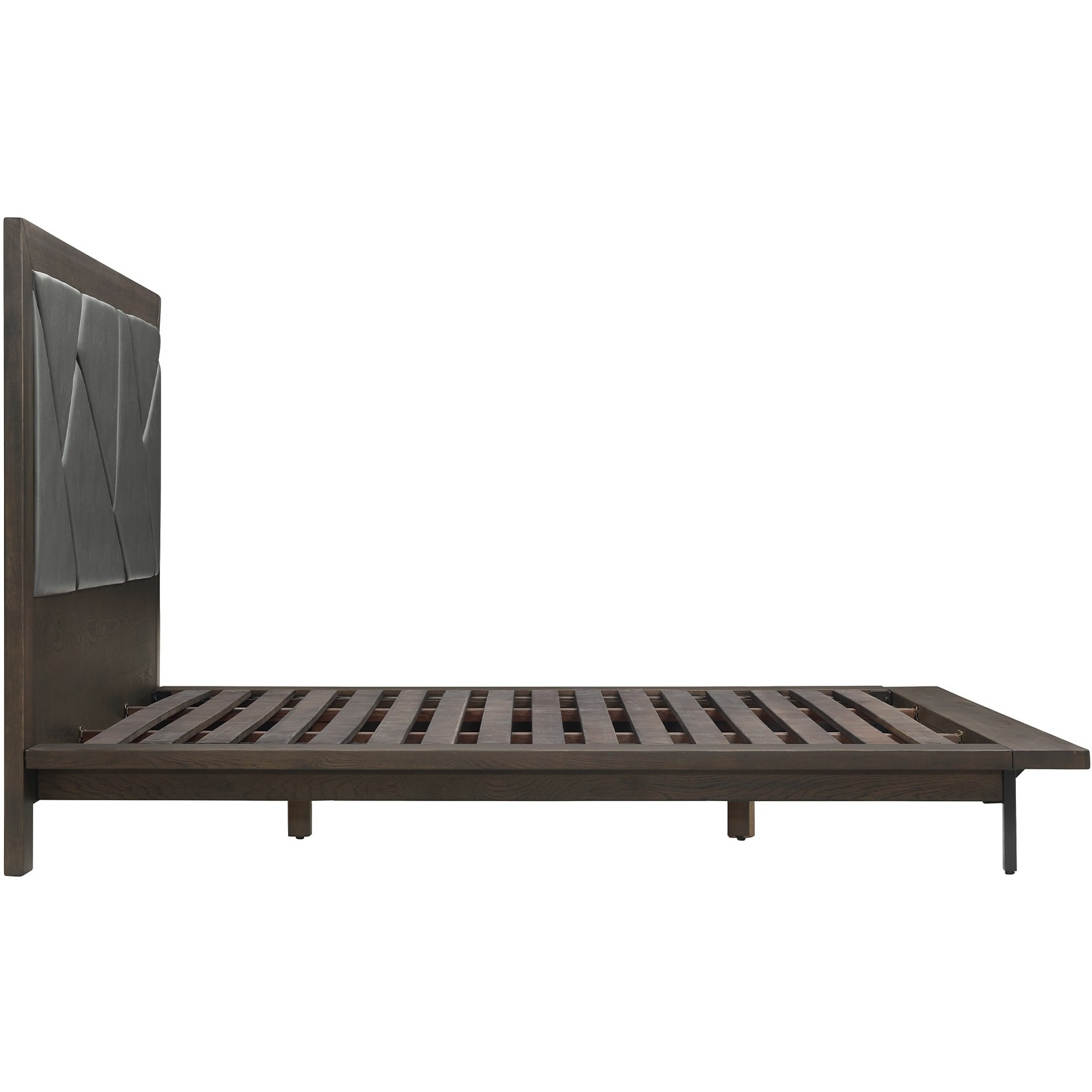 Marquis Queen Size Platform Bed Frame in Oak Wood with Faux Leather Headboard and Black Metal Legs