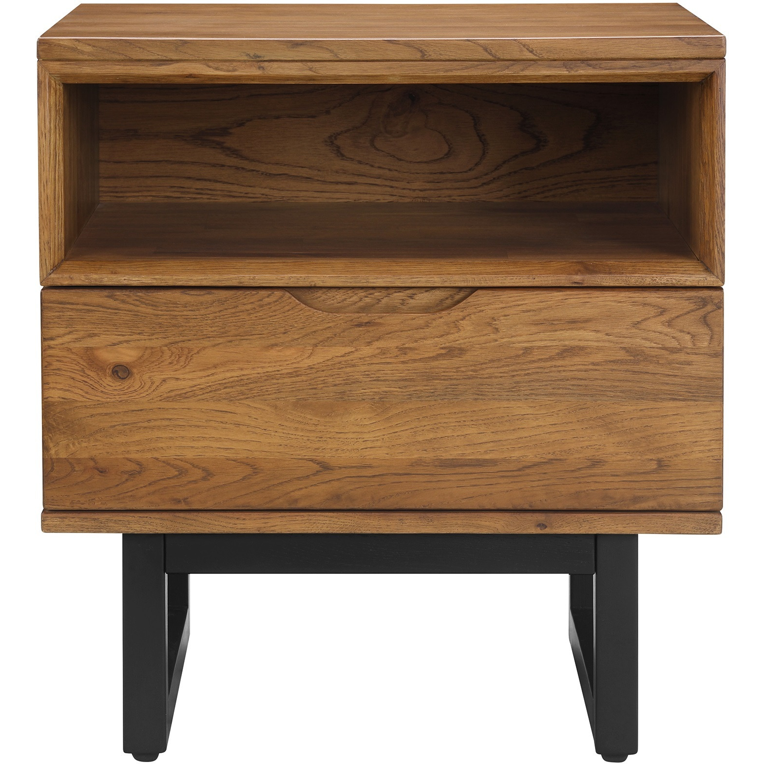 Aldo 1 Drawer Nightstand in Brown Oak Wood with Black Metal Legs