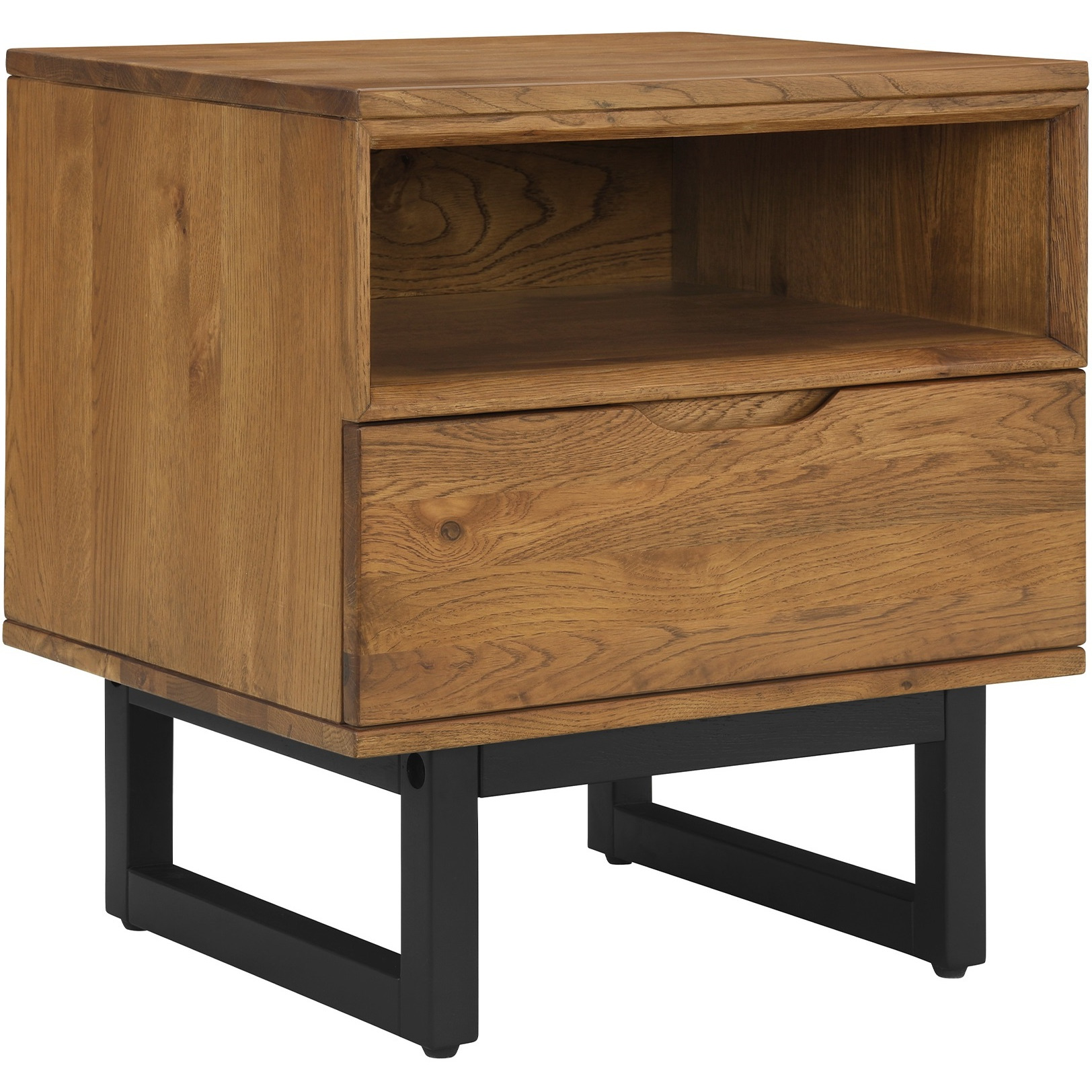 Aldo 1 Drawer Nightstand in Brown Oak Wood with Black Metal Legs