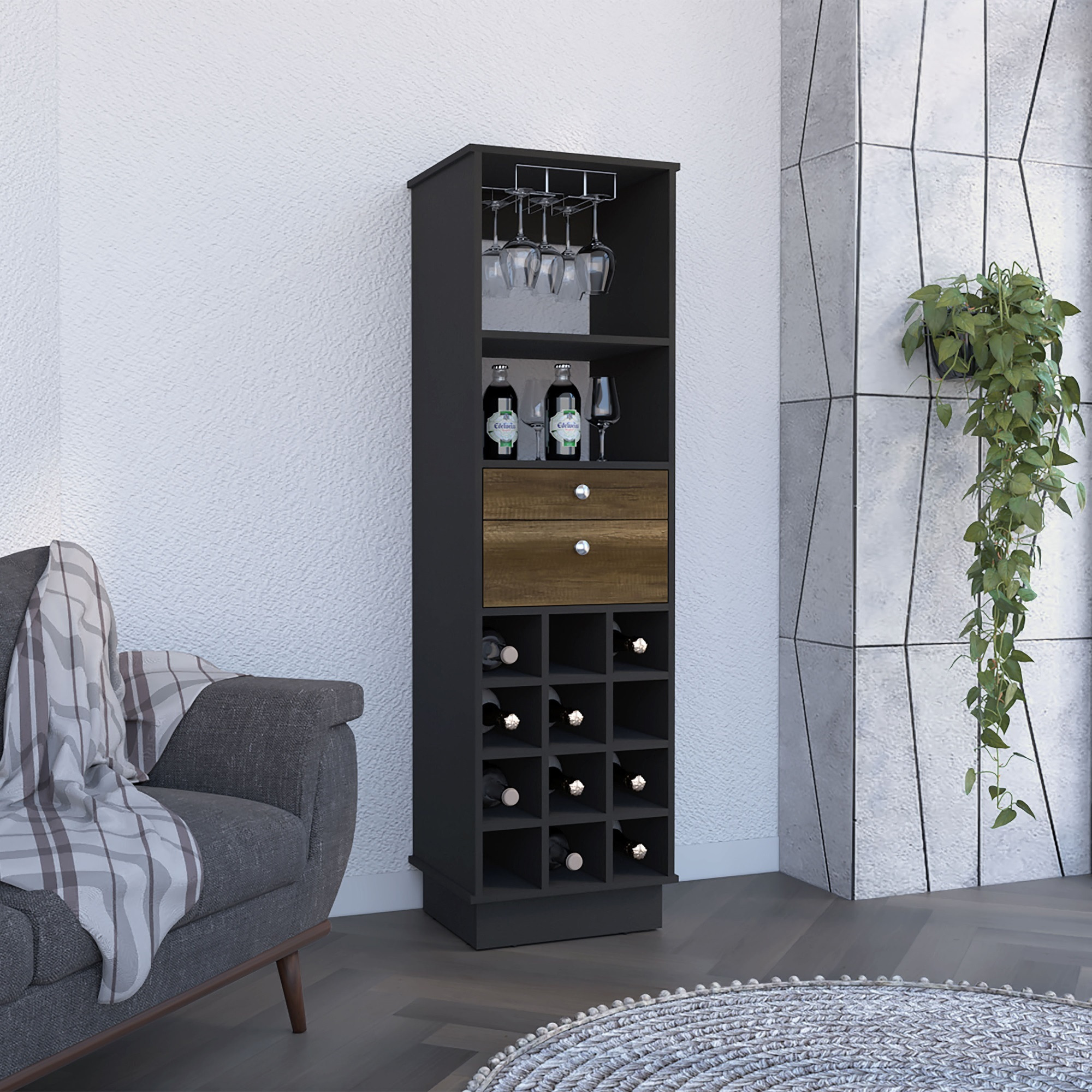 Classic Bar Cabinet, Two Drawers, Twelve Wine Cubbies