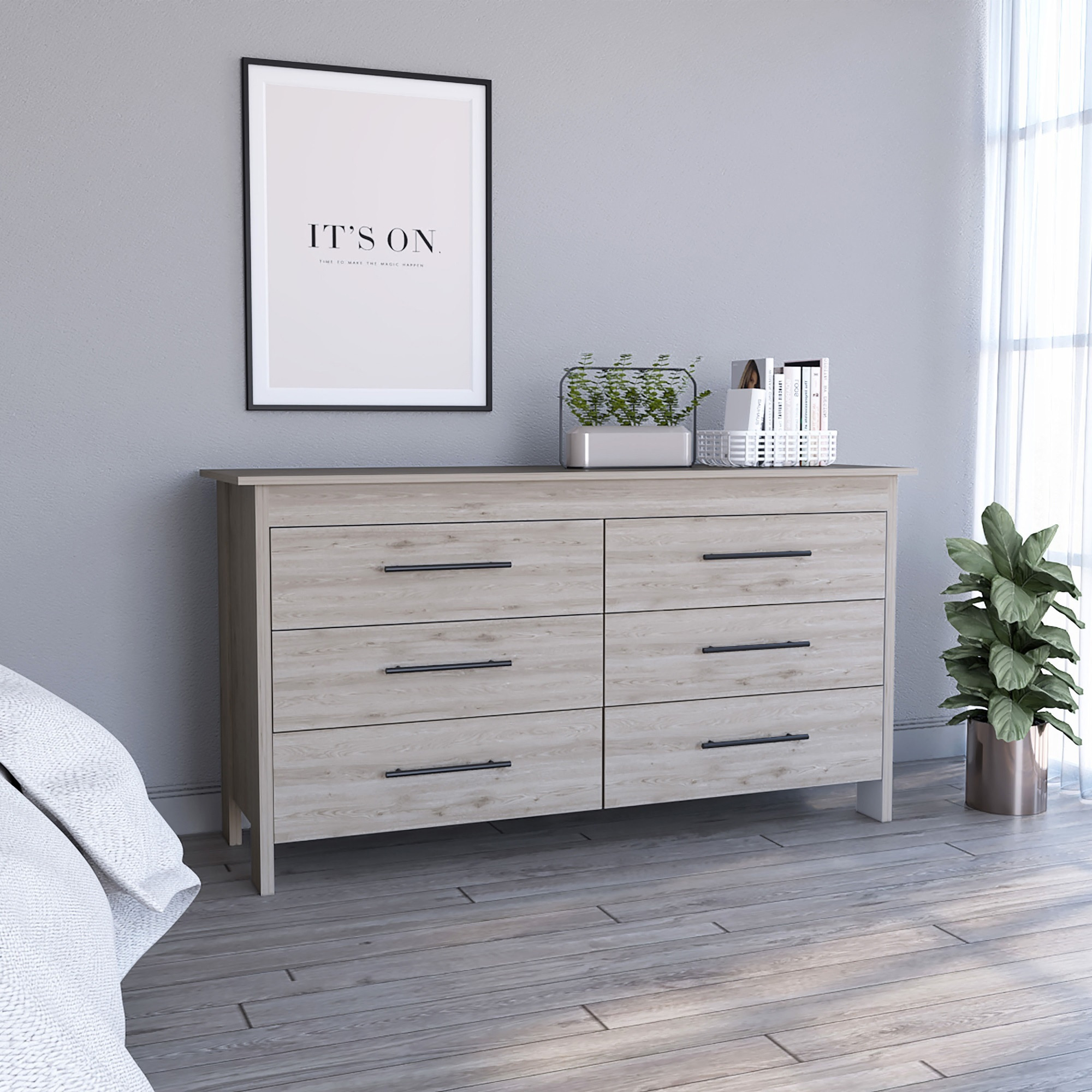 Hms 6 Drawer Double Dresser, Four Legs, Superior Top, Six Drawers