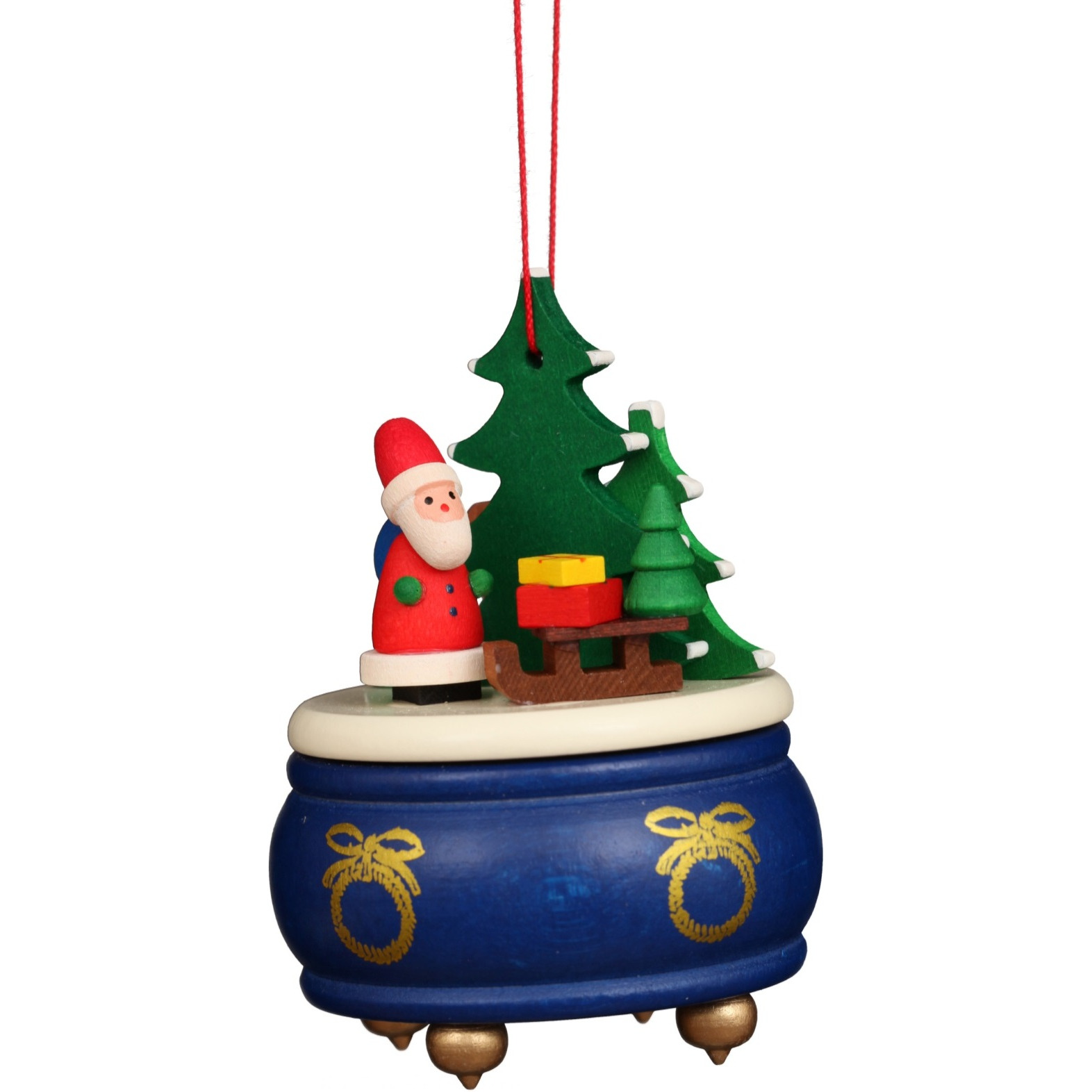 10-0925 - Christian Ulbricht Ornament - Blue Music Box With Santa - 3&quotH x 2.5&quotW x 2.5&quotD