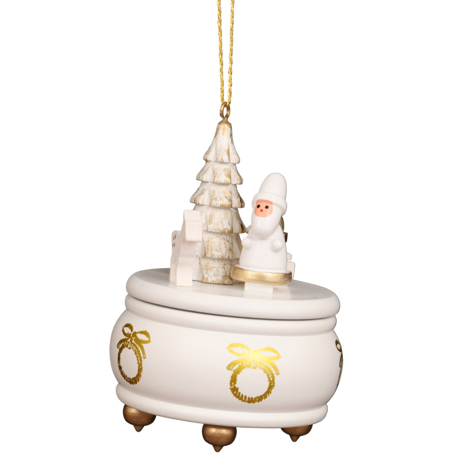 10-0921 - Christian Ulbricht Ornament - White Music Box With Santa - 3&quotH x 2.5&quotW x 2.5&quotD