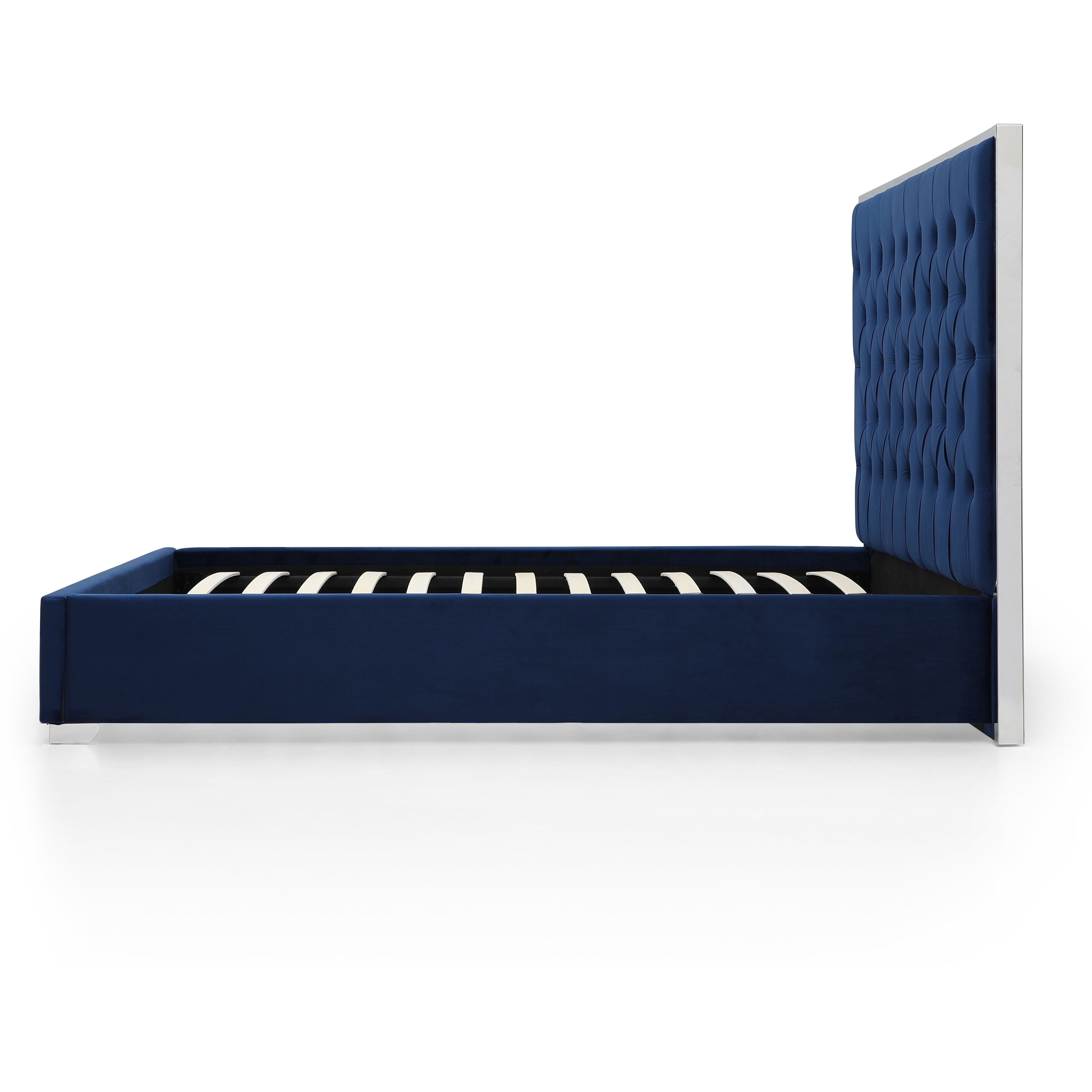 Better Home Products Sophia Velvet Queen Bed with Silver Metal Frame in Blue