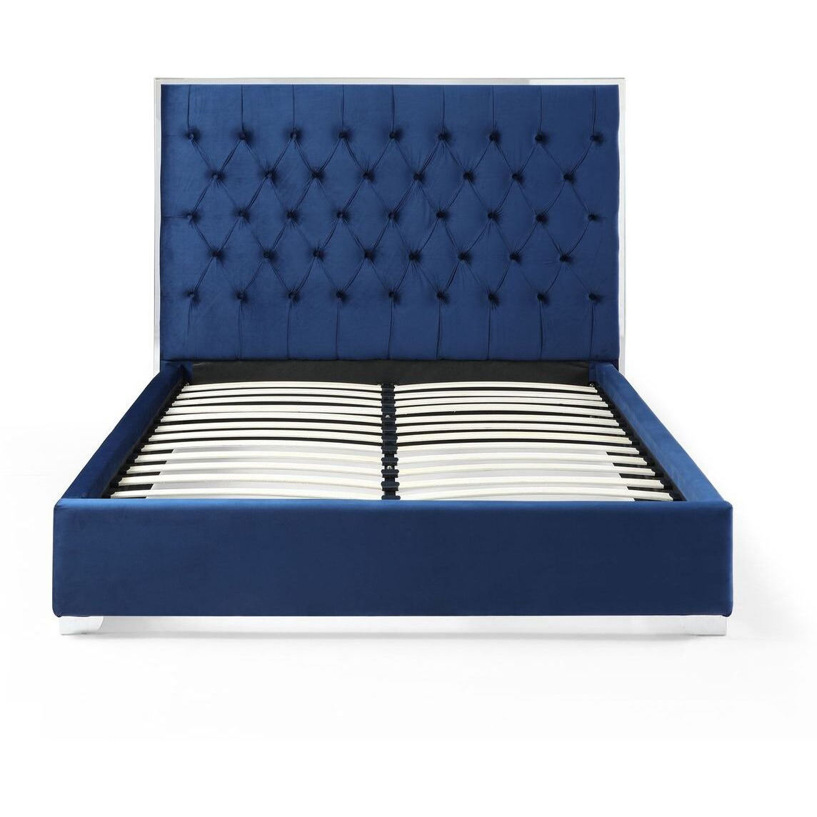 Better Home Products Sophia Velvet Queen Bed with Silver Metal Frame in Blue