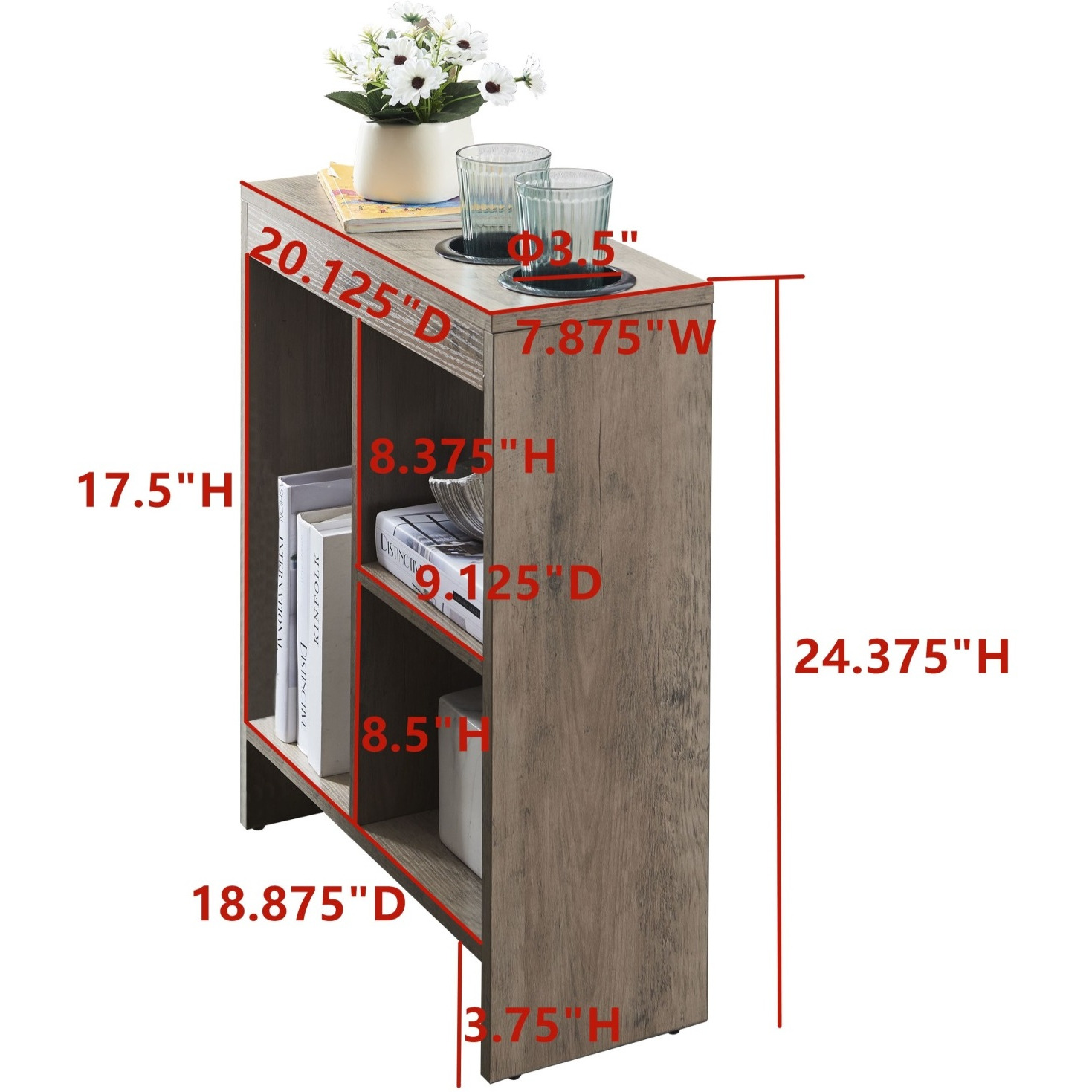 Aransas Side Sofa Table With 2 Cup Holders & Magazine Storage, Walnut Wood