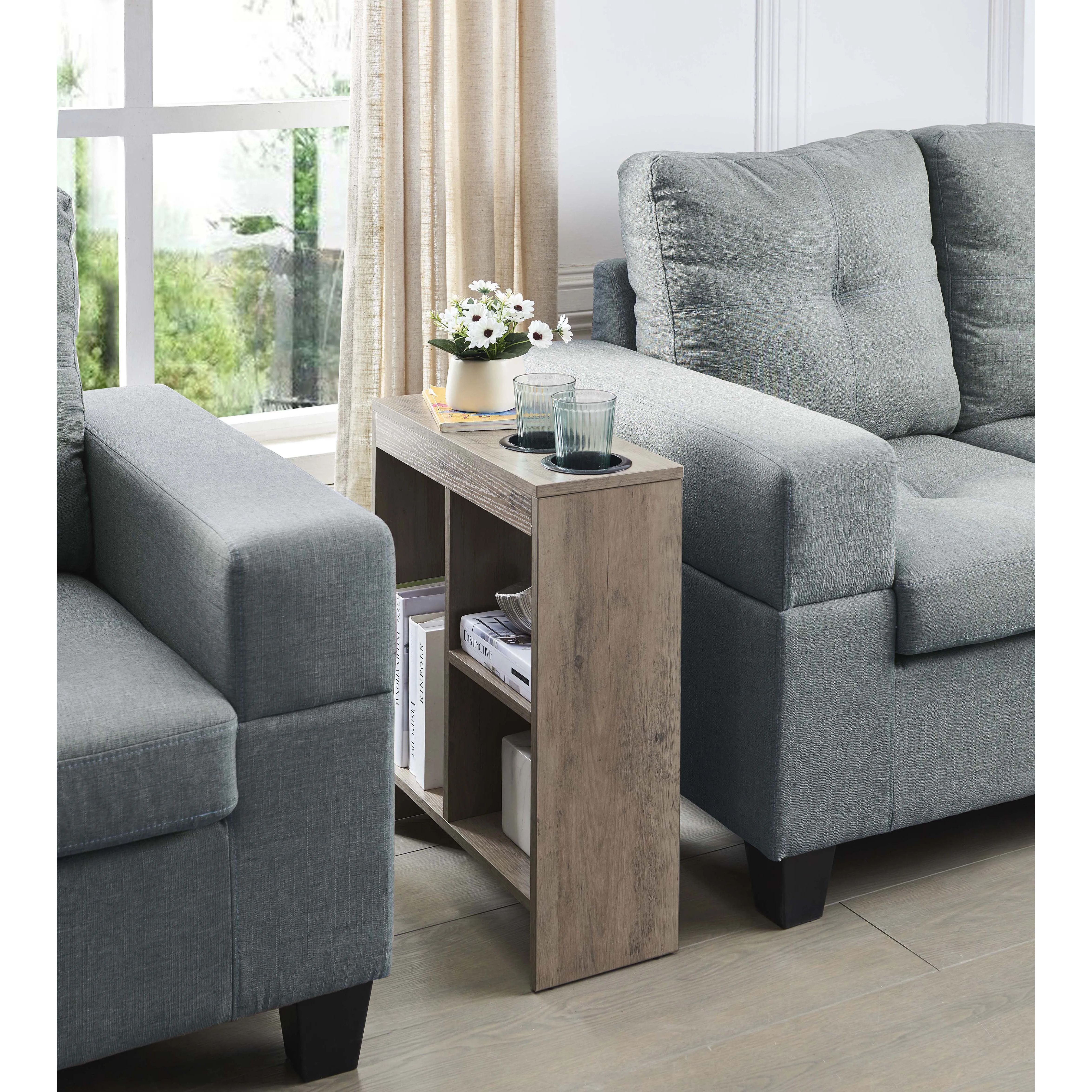 Aransas Side Sofa Table With 2 Cup Holders & Magazine Storage, Walnut Wood